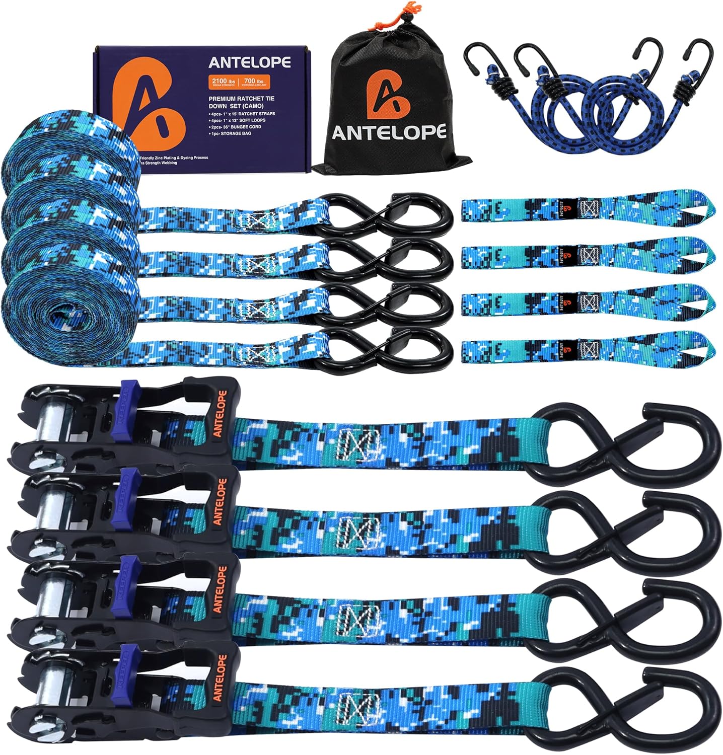 A ANTELOPE Ratchet Tie Down Straps, 4 Pack of 15', 2,100LBS Breaking Strength, Rubber Handles, Coated Metal Safety Lock S Hooks, 2 Bungee Cords for Motorcycle, Truck Cargo(Blue)