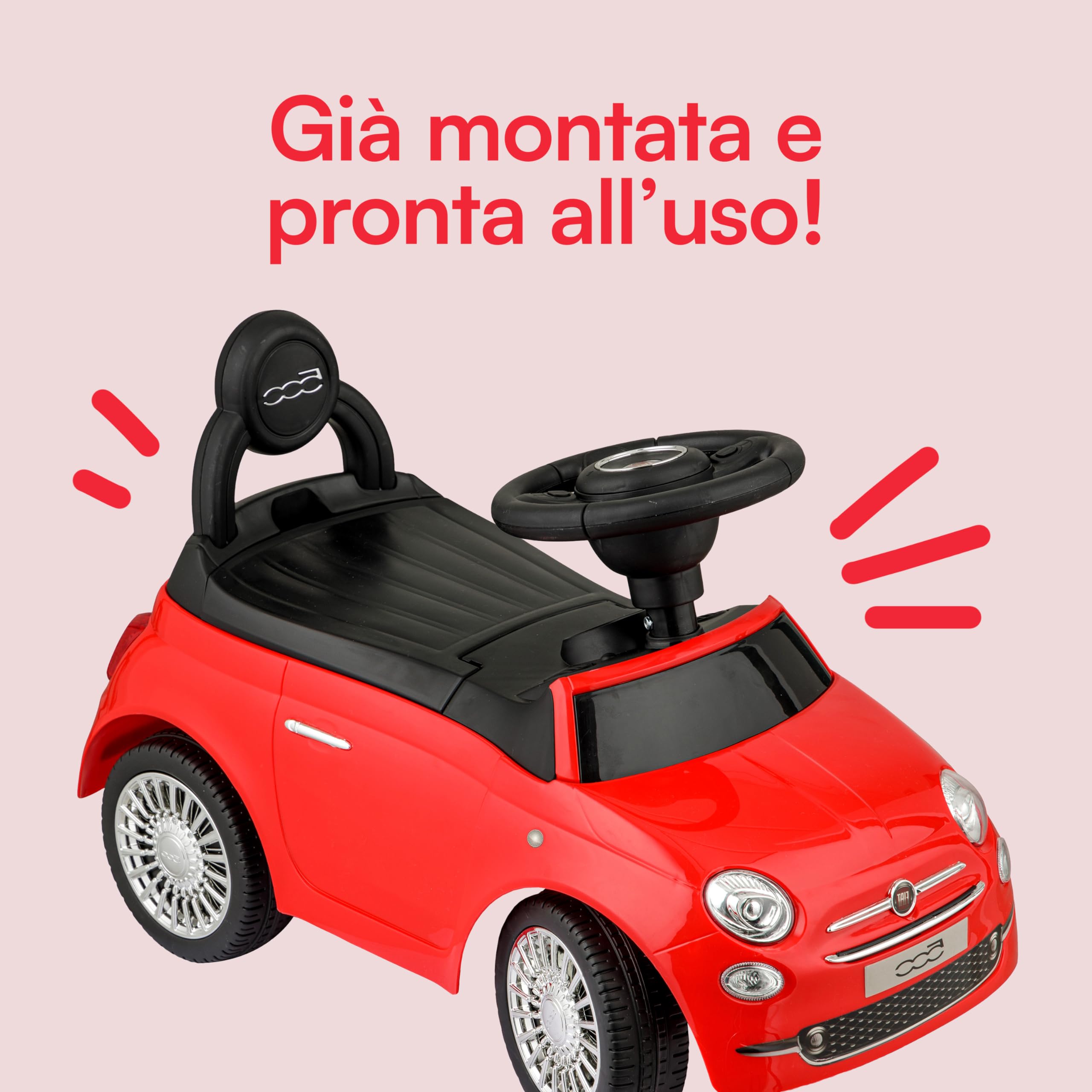 Baroni Toys Macchinina Fiat 500 Cavalcabile Bambini dai 12 ai 36 Mesi, Volante con Clacson e Suoni, Vano Portaoggetti e Schienale, Auto Bambino Bambina per Imparare a Camminare, Rosso, 28x60x23 cm