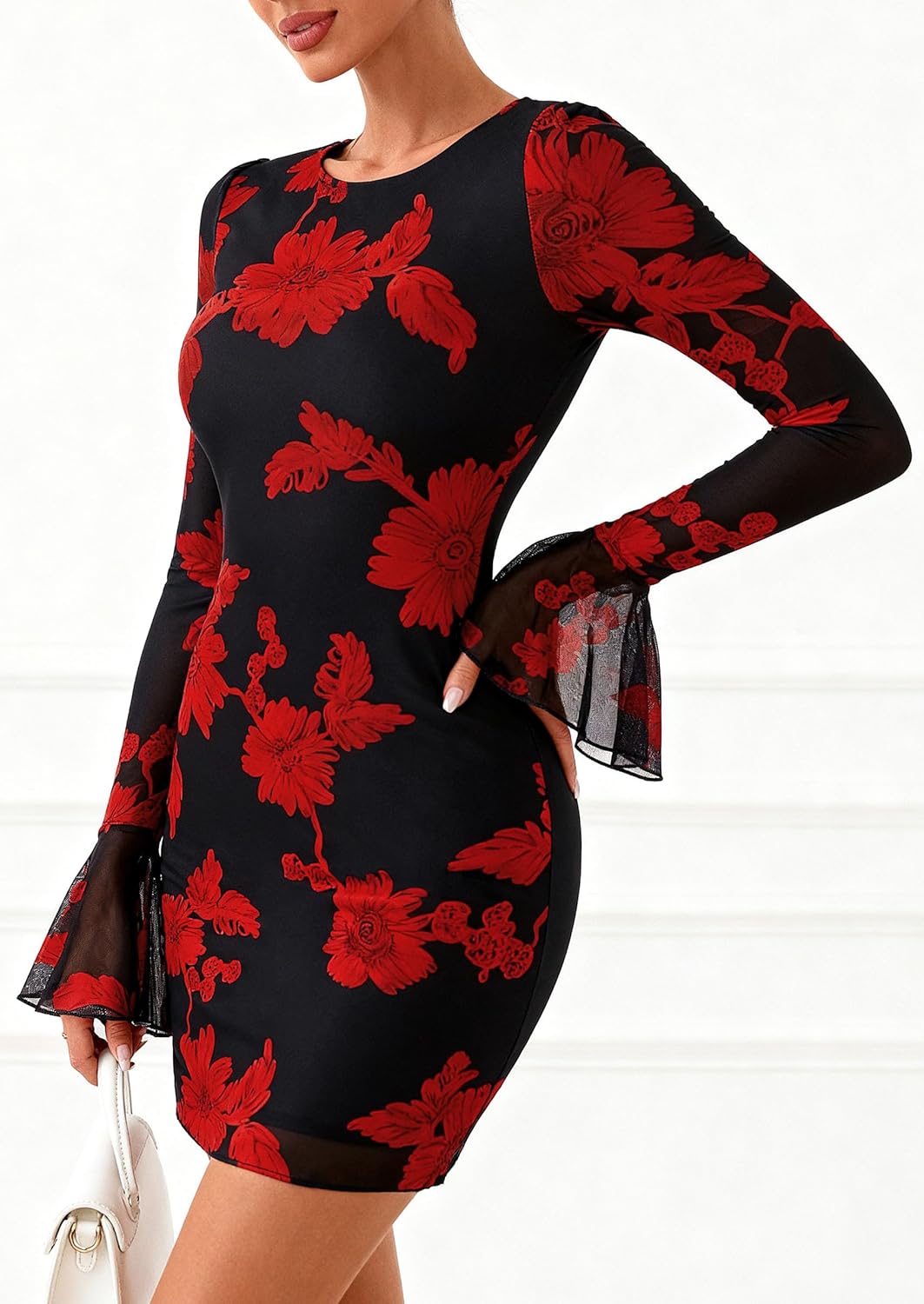 PRETTYGARDEN Women's Floral Dress Spring Fall Fashion Long Bell Sleeve Flower Mini Short Mesh Bodycon Party Dresses - Image 7