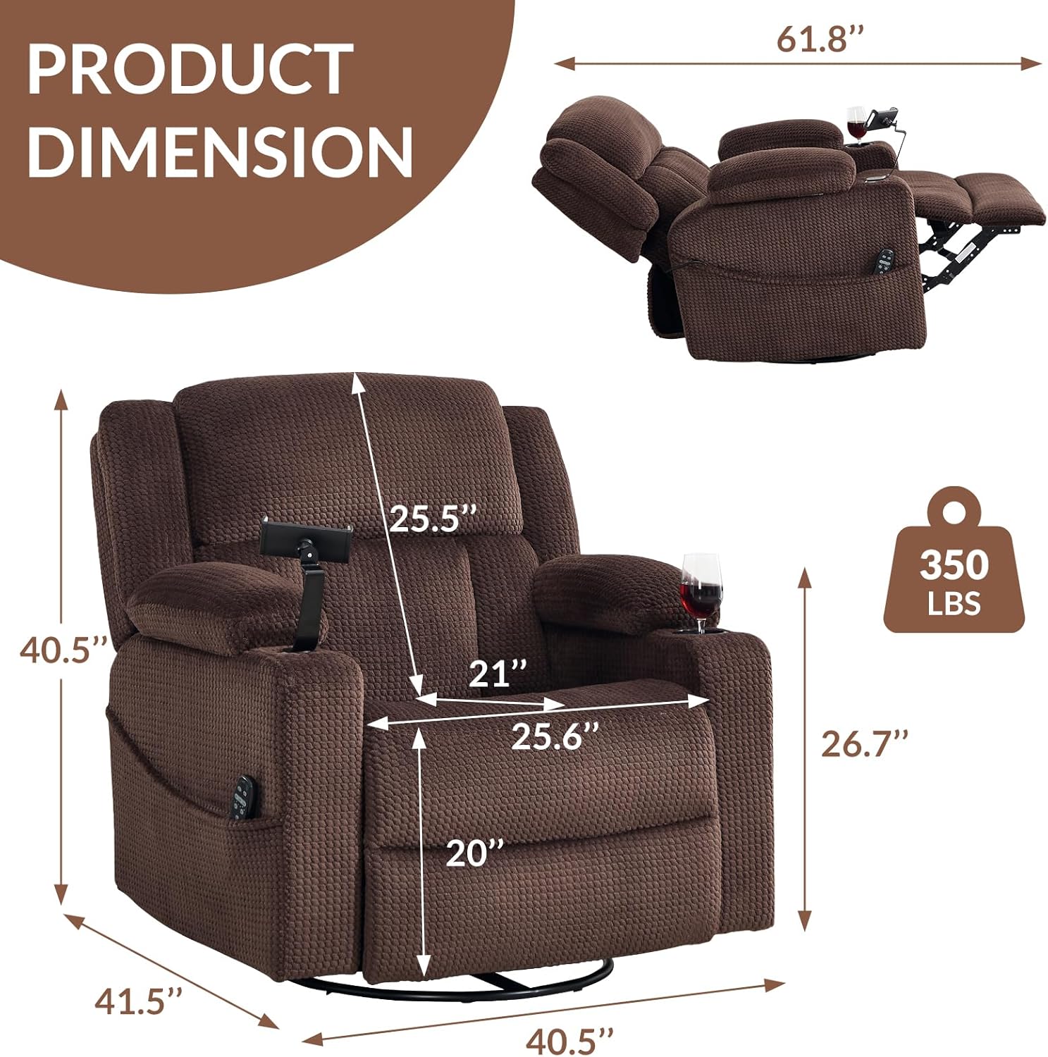 ANJ Dual Motor Large Power Recliner Chair with Massage and Heat, 270°Swivel Rocker Recliners with Adjustable Headrest, Cup Holder, Armrest Storage, Phone Holder, USB&Type-C Port for Living Room, Brown