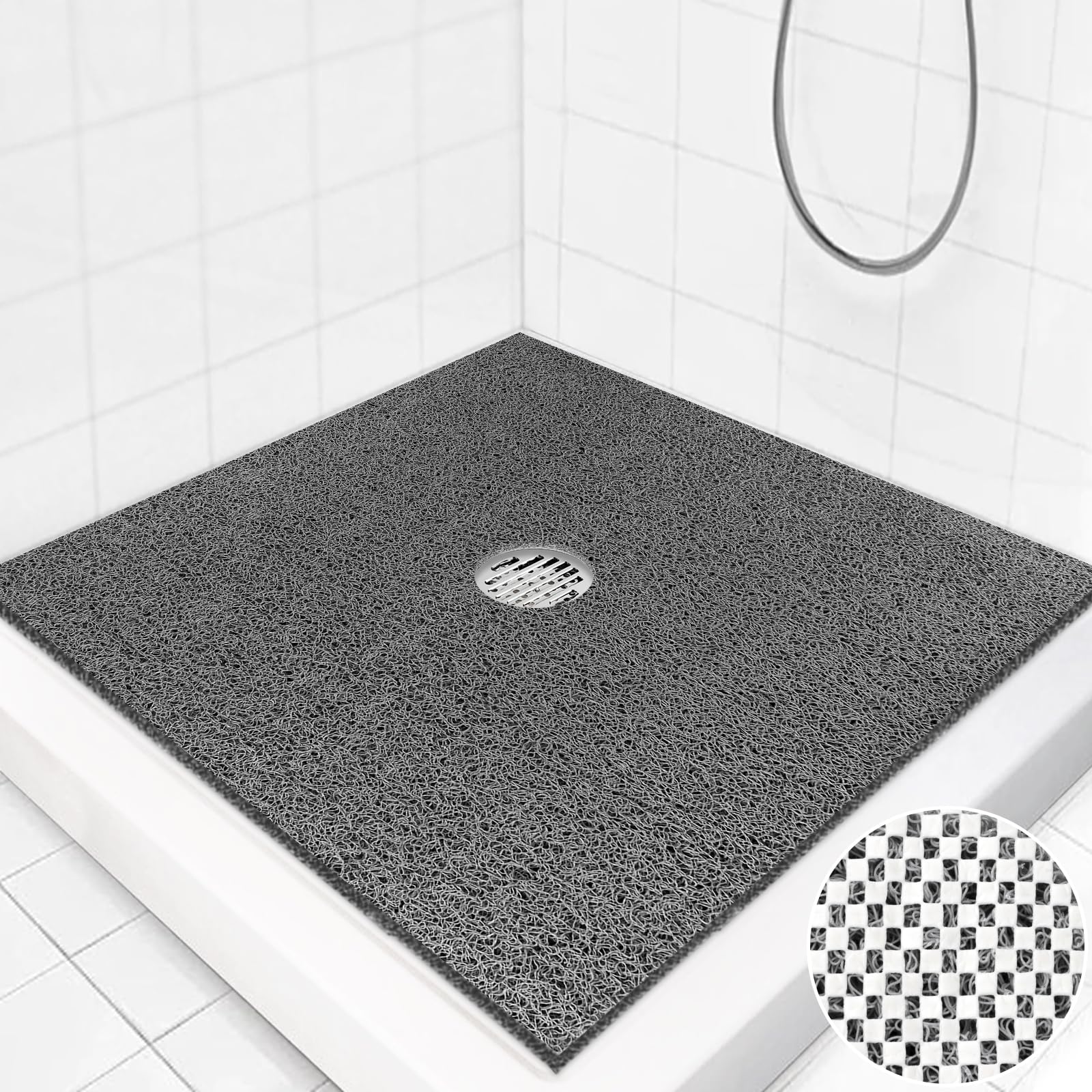 Square Shower Mat Non Slip: 27 x 27 Inch Extra Large Loofah Shower Mats for Inside Shower - Anti Slip Shower Stall Matt with Drain Hole in Middle