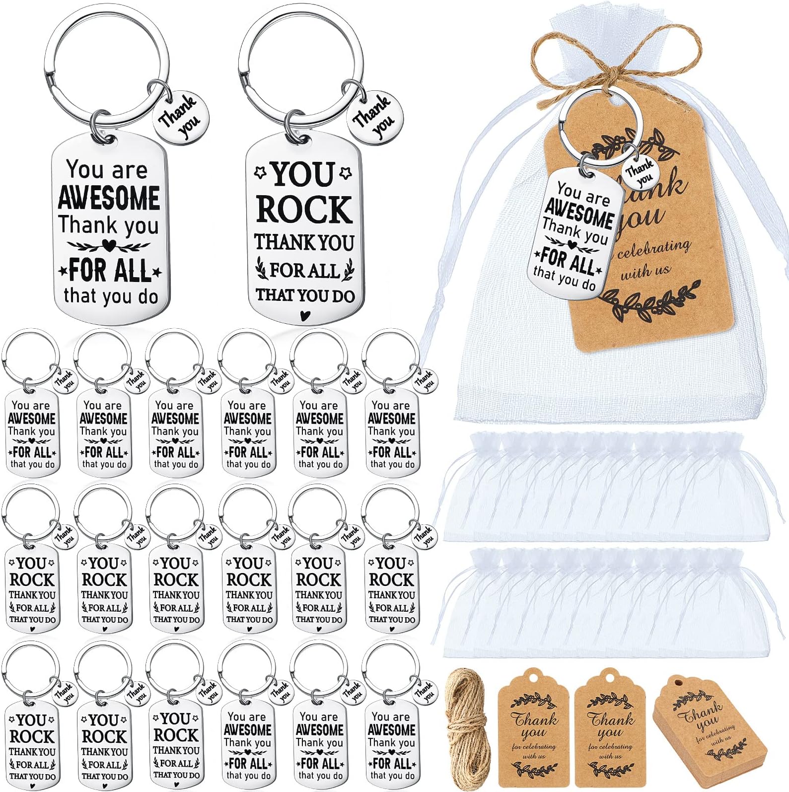 Yinkin24 Set Coworkers Gifts Thank You Gifts Bulk Appreciation Stainless Steel Keychains with Bags Tags for Employee Teacher(Square)