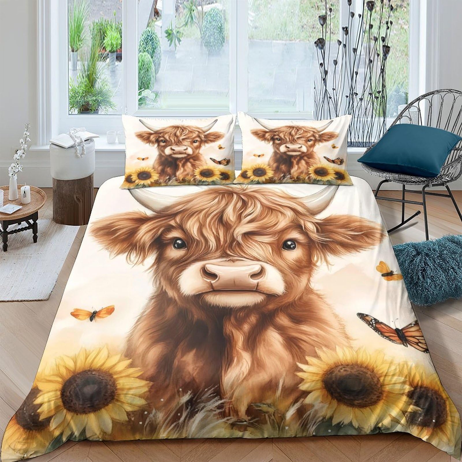 Ctjqhvkz Style-3 3D Printed Highland Cow Sunflower Fitted Sheet Microfiber Non-Slip Mattress Cover For Bedroom Guest Room Decor Easy Care Single（135X200cm）