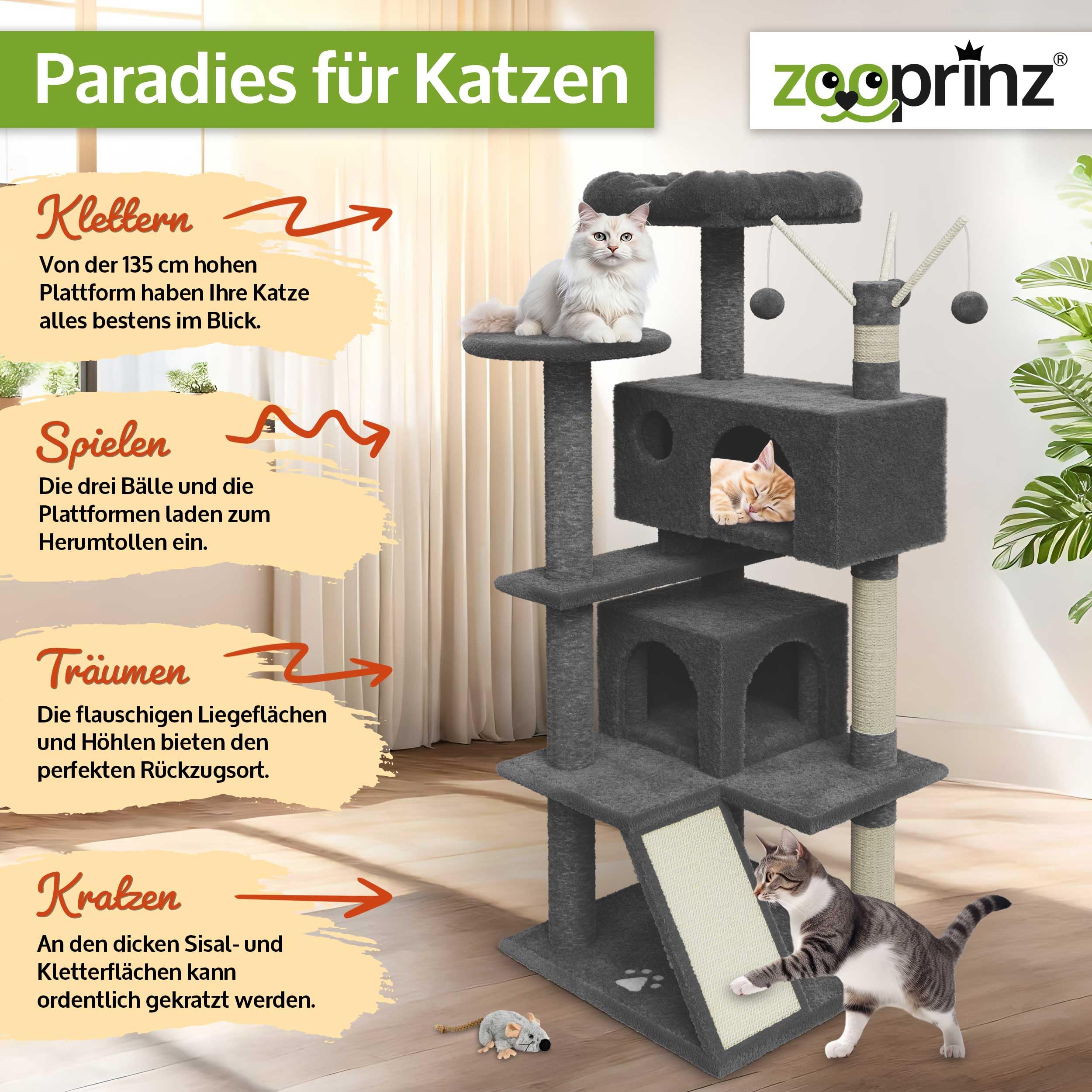 zooprinz Premium Kratzbaum XXL – Katzenbaum für große Katzen | Breiter Kletterturm mit dicken Sisal-Säulen, Höhle, Hängematte, Bällen, Seil und Plüschmaus, Dunkelgrau