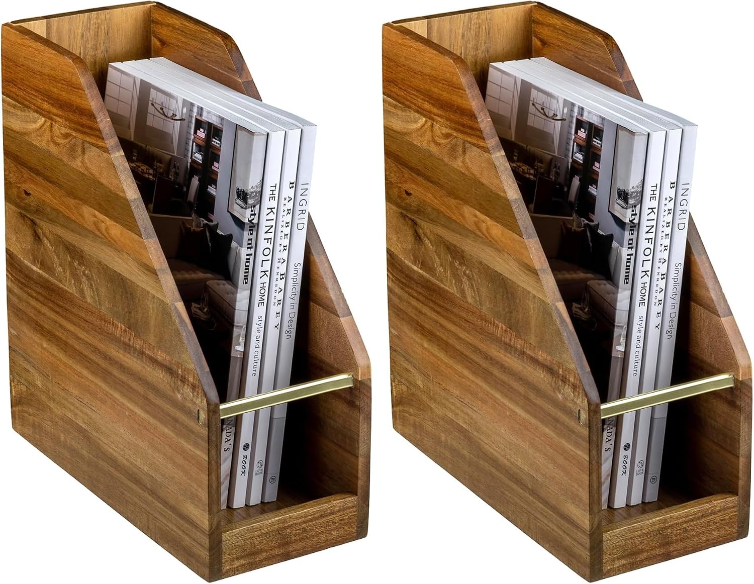 MyGift Premium Hotel Series Solid Acacia Wood Desktop Magazine File Holder Bin with Brass Tone Metal Accent, Vertical Office Desk Document Folder Binder Storage Organizer Rack (Pack of 2)