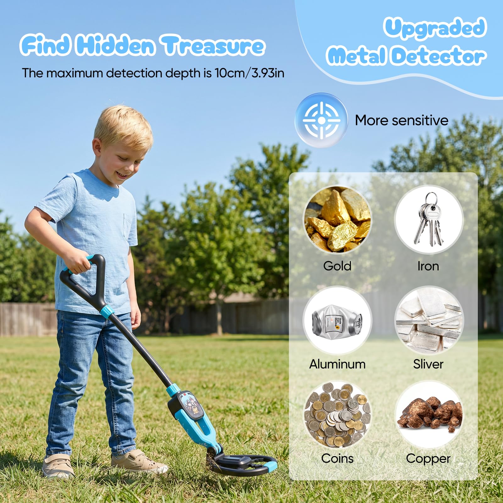 Metal Detector Bambini, Metal Detector per Bambino con Asta Regolabile 72–83 cm, Display LCD, Bobina di Ricerca Impermeabile, Ad Alta Sensibilità Metal Detector per Bambini con Borsa Pala