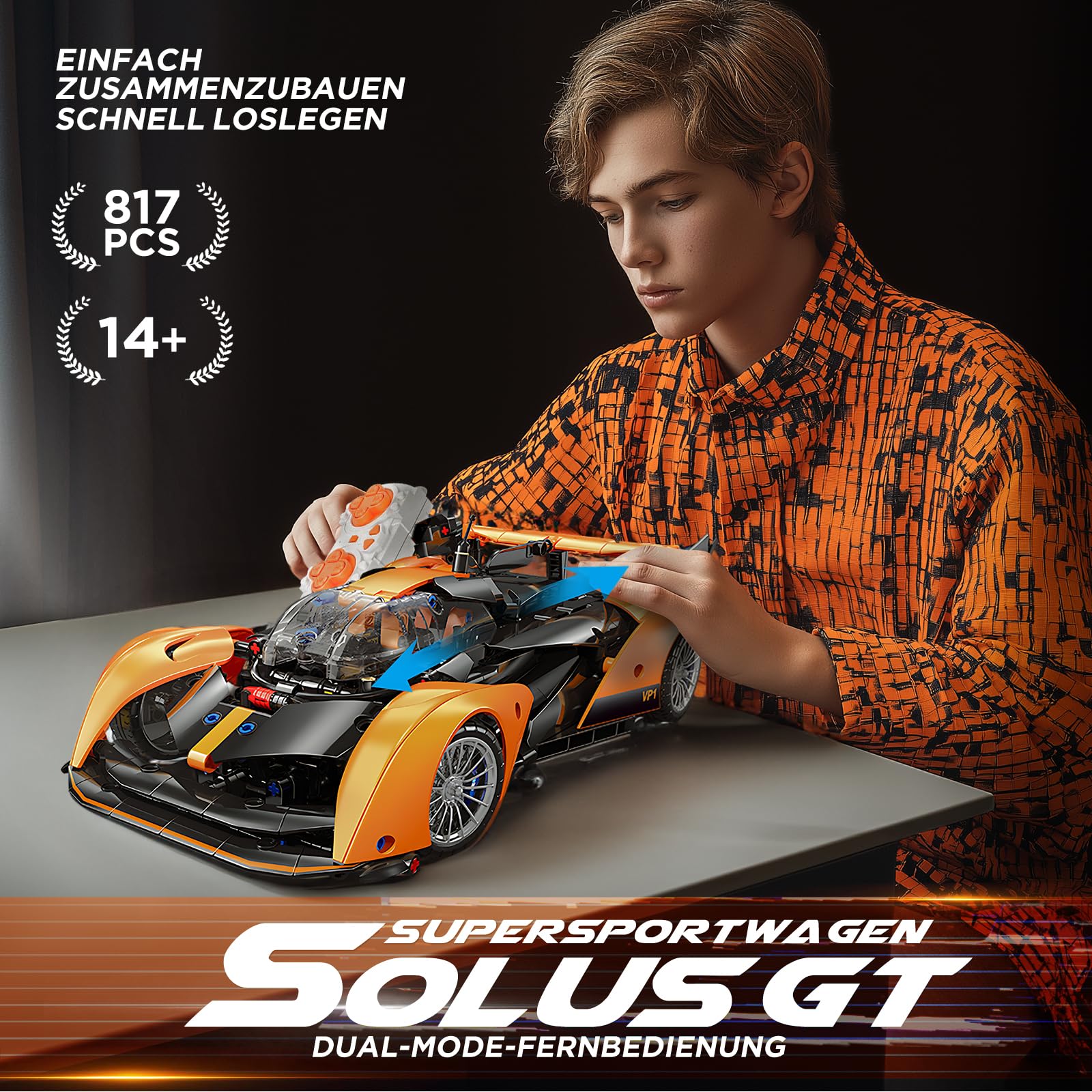 Kit de construction de voiture télécommandée, Solus GT 1:14 (817 pièces) | compatible avec Technic, avec moteurs et batterie rechargeable, cadeaux de collection pour les 10-16 ans et les adultes
