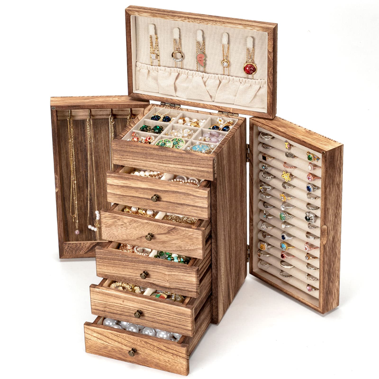Poyilooo Jewelry Boxes for Women Girls, 9"x 5.9"x 12" Wooden 5-Layers Jewelry Organizer and Storage with Drawer, Suitable for Earring, Ring, Necklace,
