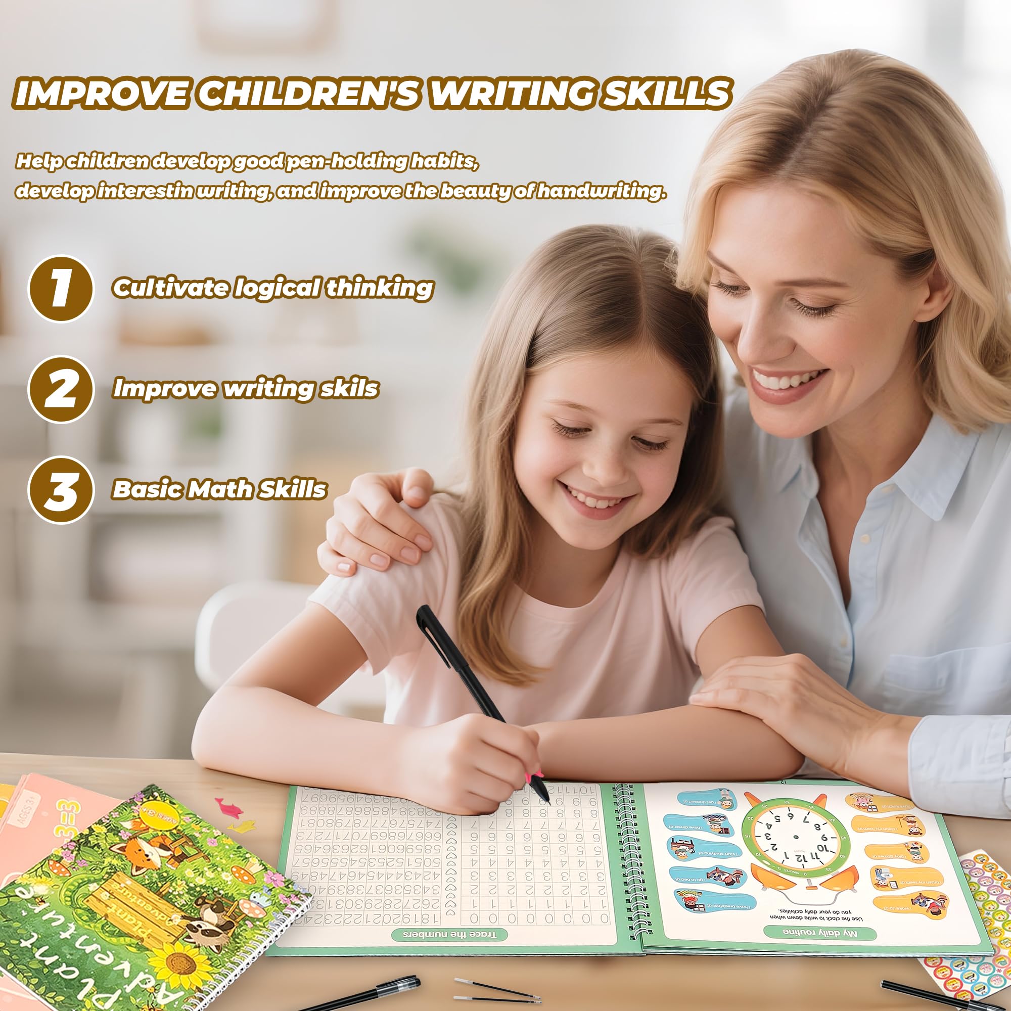Libros de práctica de escritura con ranuras mágicas para niños, reutilizables con letras y números ranurados, adecuados para edades de 3 a 5 y 6 a 8 años, actividades de aprendizaje para niños