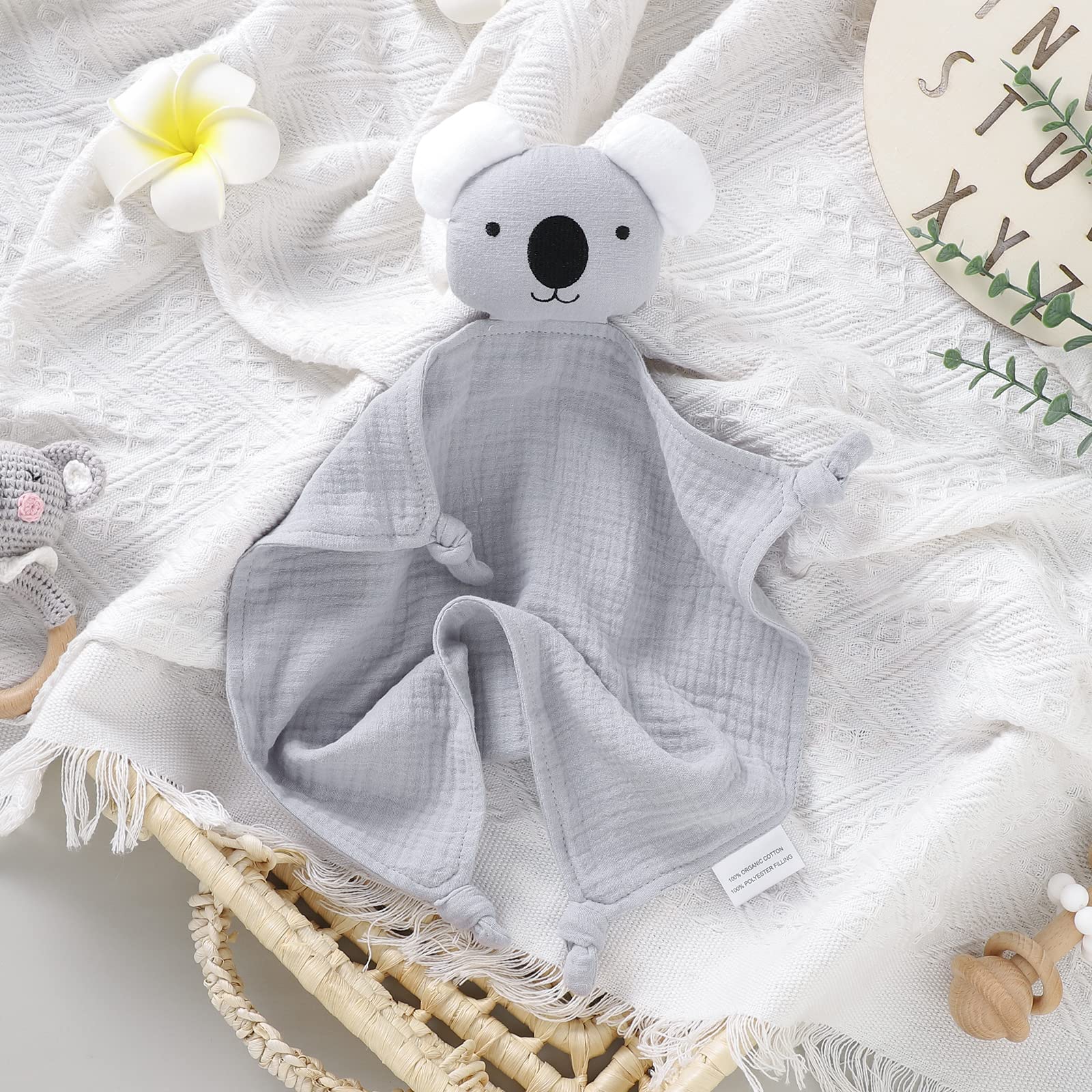 LAWKUL Baby Security Blanket Newborn Muslin Organic Cotton Babe Comforts Soft Infant Lovey for Boy Girl 40x40cm Koala Grey - Image 2