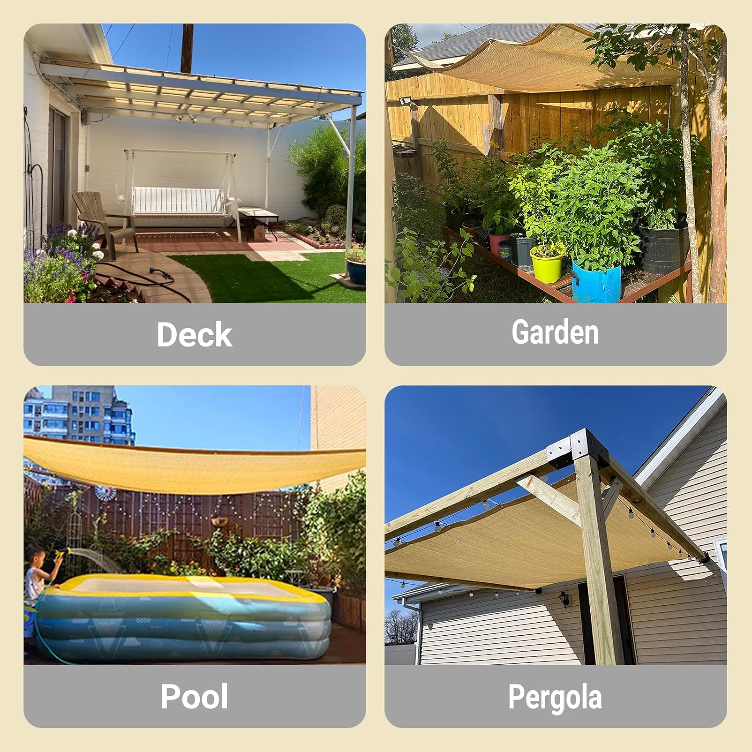 MEANCHEN 90% 10x20ft Sun Shade Cloth for Outdoor Deck Backyard Patio Garden Shade Fabric Privacy Screen Pergola Shade Cover Canopy Beige