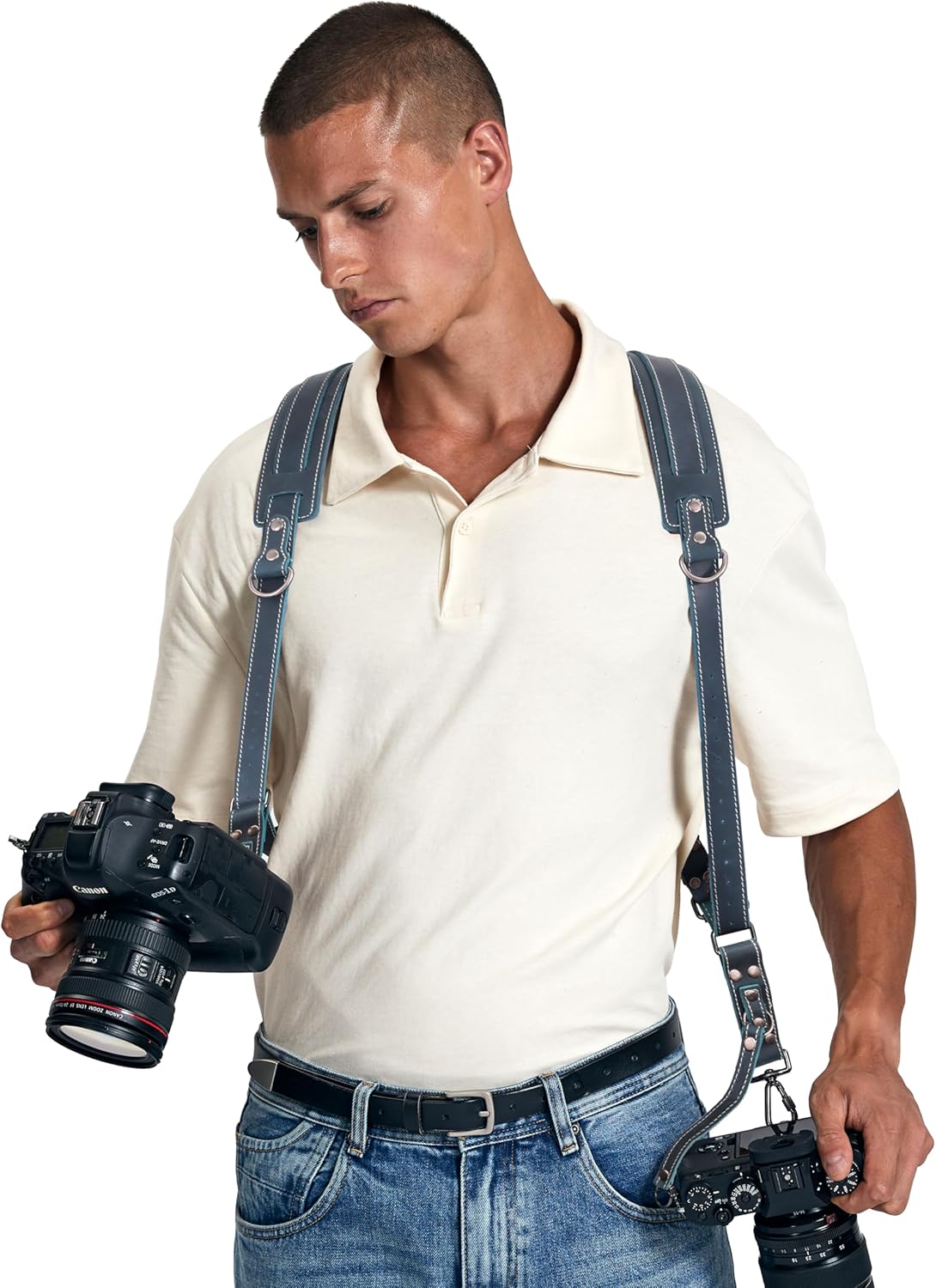 Padwa Lifestyle Green Dual Camera Harness Strap for Two Cameras - Dual Shoulder Full Grain Leather Harness,Multi Double Camera Gear with Thick Padded,Double Camera Harness for Photographers - Image 2