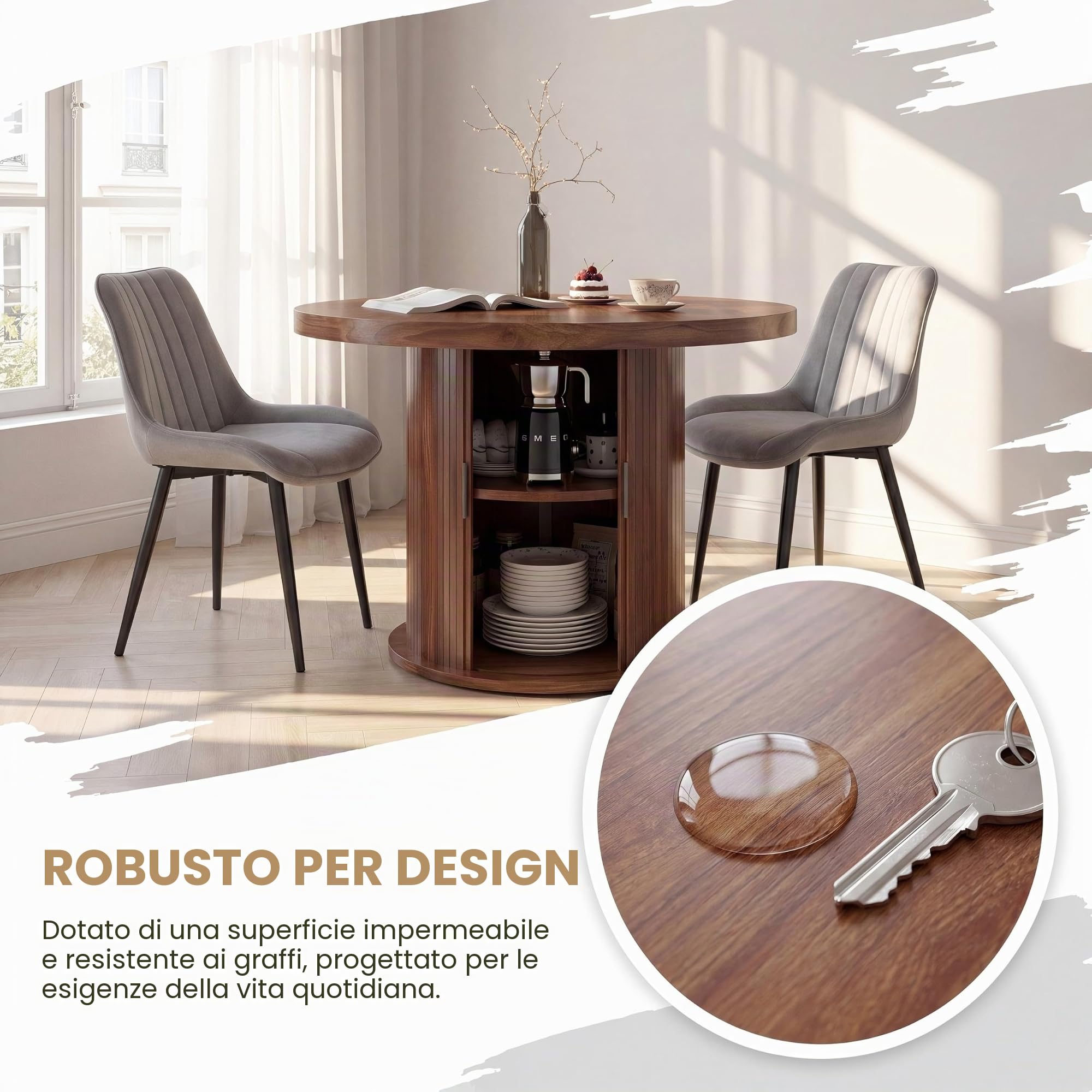 Tavolo da Pranzo Rotondo 120 cm, Tavolo Cucina per 4-6 Persone con Funzione di Ripostiglio e Portata fino a 150 kg, per Sala da Pranzo, Cucina, MDF, Noce Scuro, 120 x 120 x 75 cm