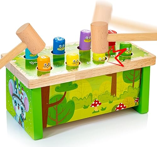 WOODMAM Juguete de martillo de madera para niños pequeños, banco de golpeo de madera con 2 mazos, juguete educativo Montessori regalo para bebés