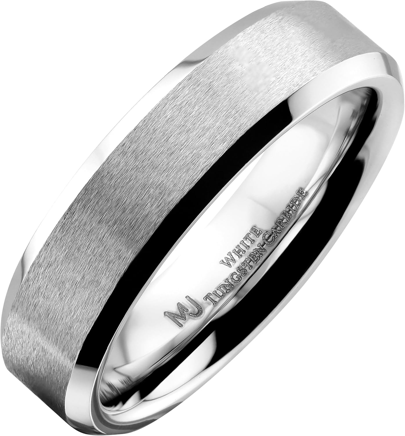 Brushed White Tungsten Carbide 6mm or 8mm Wedding Band Polished Edges Comfort Fit Ring