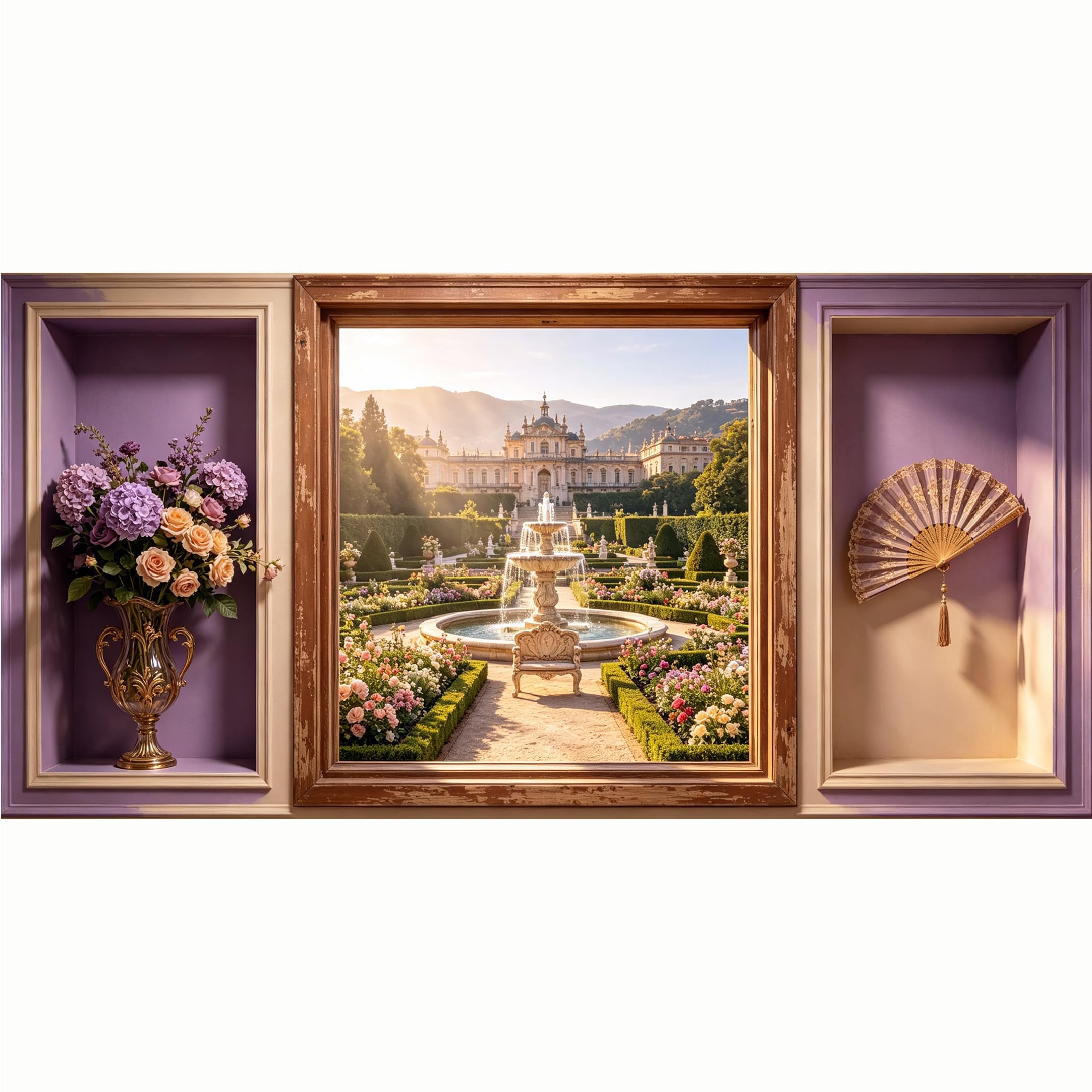 QZLITHOTIC 50x100cm 3D Framed Wall Art， Neoclassical Palace Garden Fountain Self‑Adhesive Mural， Water‑Activated Peel & Stick Fabric Decor Wall Decal for Bedroom Living Room