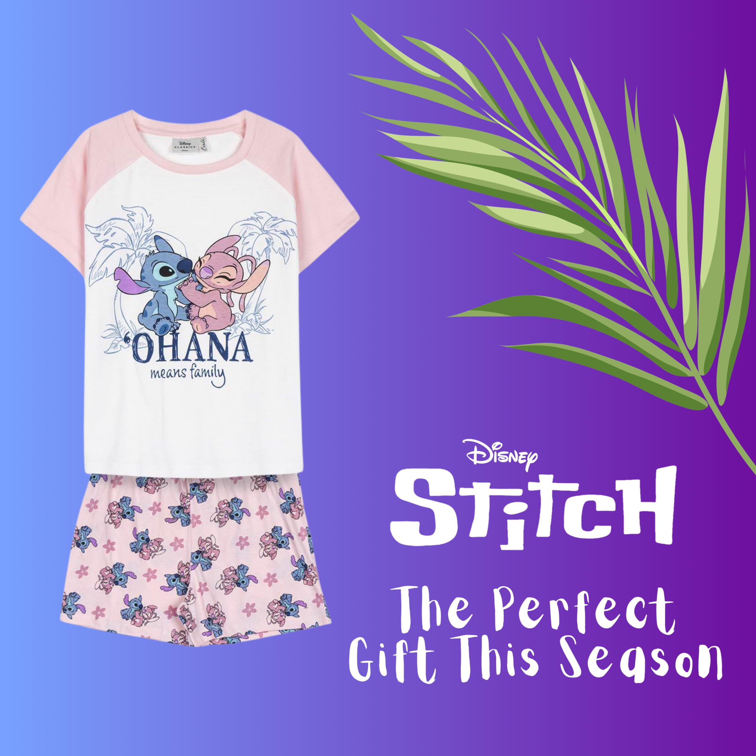 Disney Stitch T-Shirt et Short pour Fille, Pyjama en Coton Doux, Ensemble D'été 2 Pièces Stitch et Angel, Tailles 8 à 14 Ans