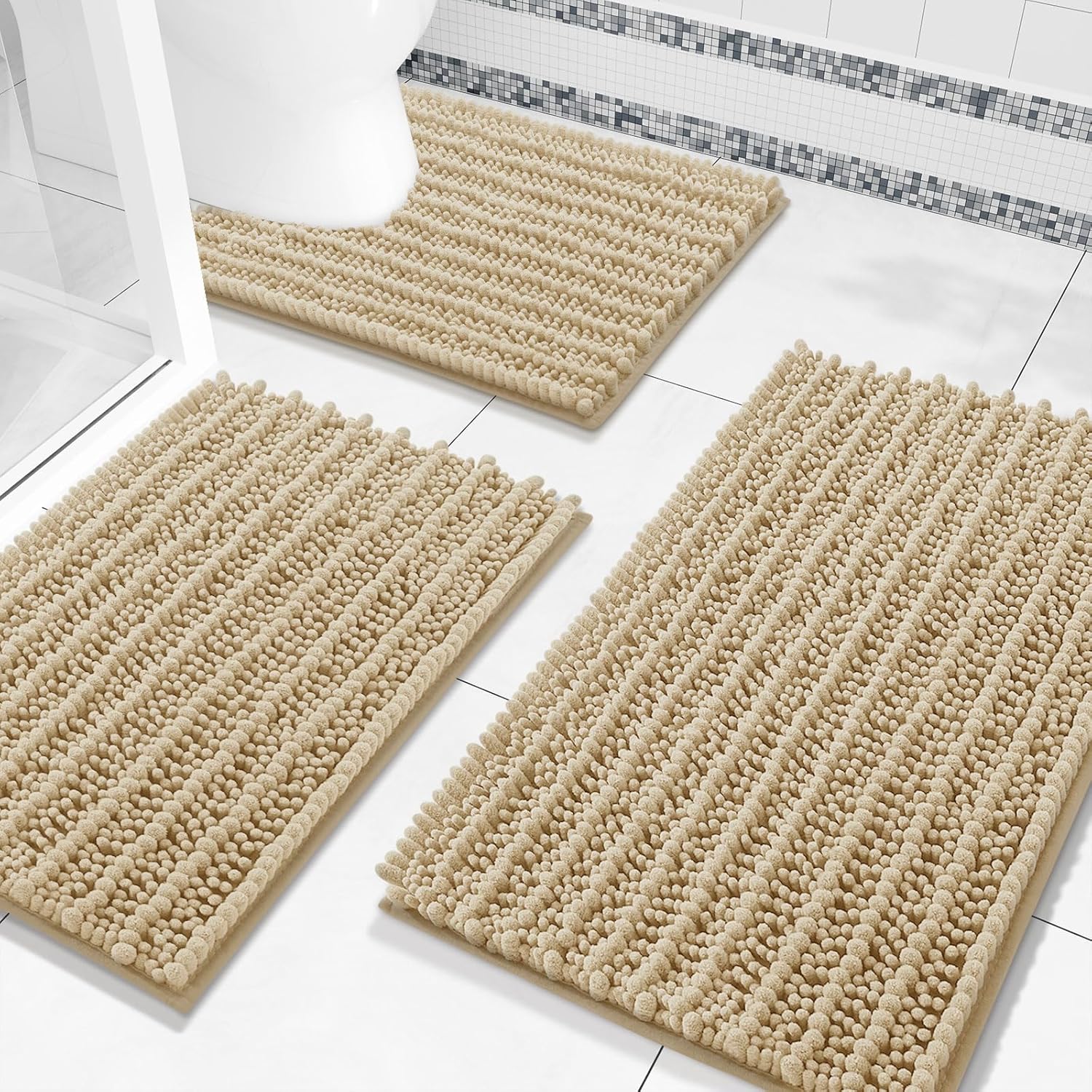 Arotive Chenille Bathroom Rugs Set 3 Piece, Extra Soft Absorbent Shaggy Bath Mat and U-Shaped Contour Toilet Rug, Non-Slip Machine Wash Dry Bath Mats Set for Bathroom, Shower, Sink and Tub, Beige