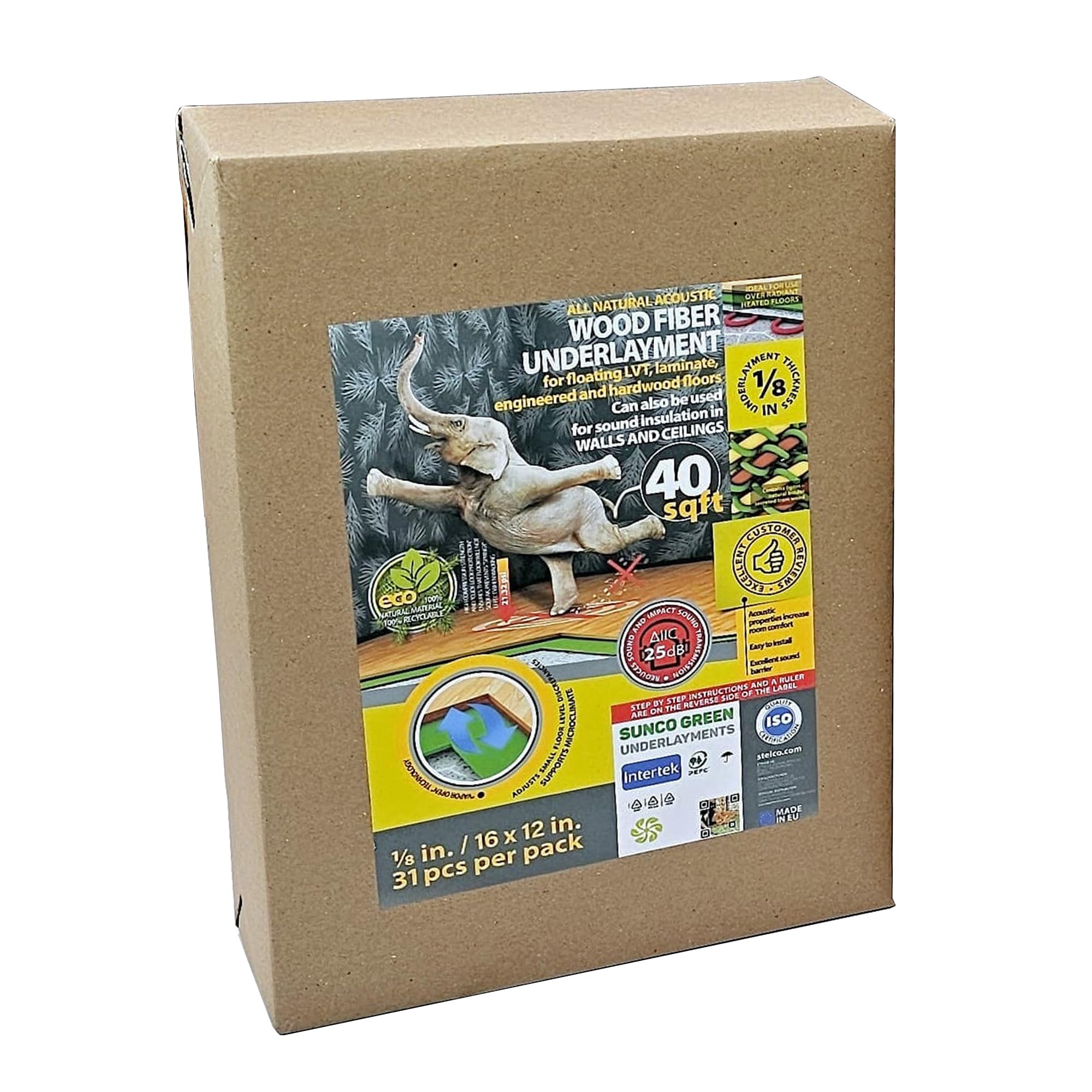 Wood Fiber Flooring Underlayment, 3mm (1/8 Inch) Thickness - 40 Sq Ft, Natural Soundproofing Insulation, for Laminate, Vinyl, LVT, LVP, or Hardwood