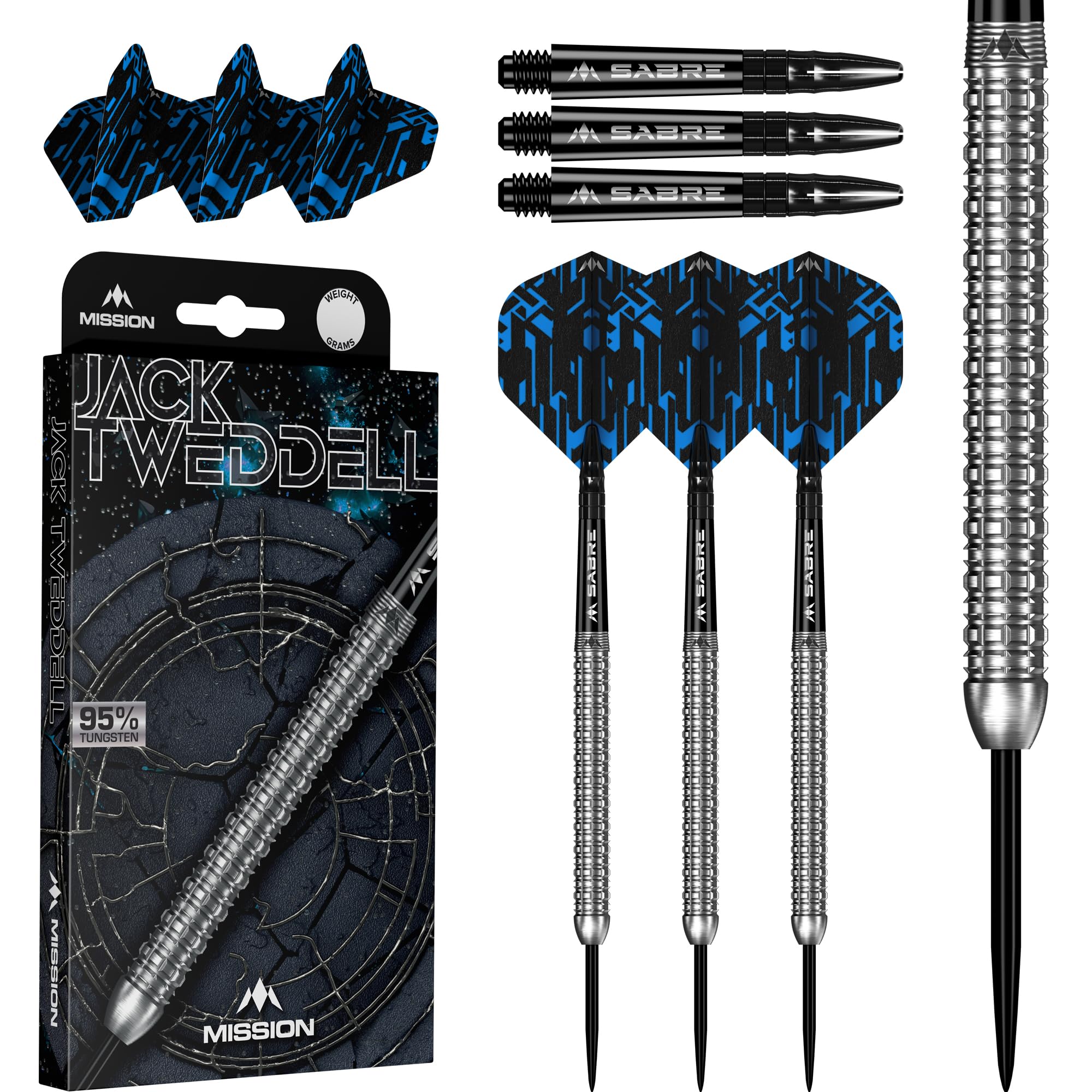 Mission Darts | Jack Tweddell Darts | Steel Tip | 95% Tungsten | Silver | Multiple Weights (24.0, Grams)