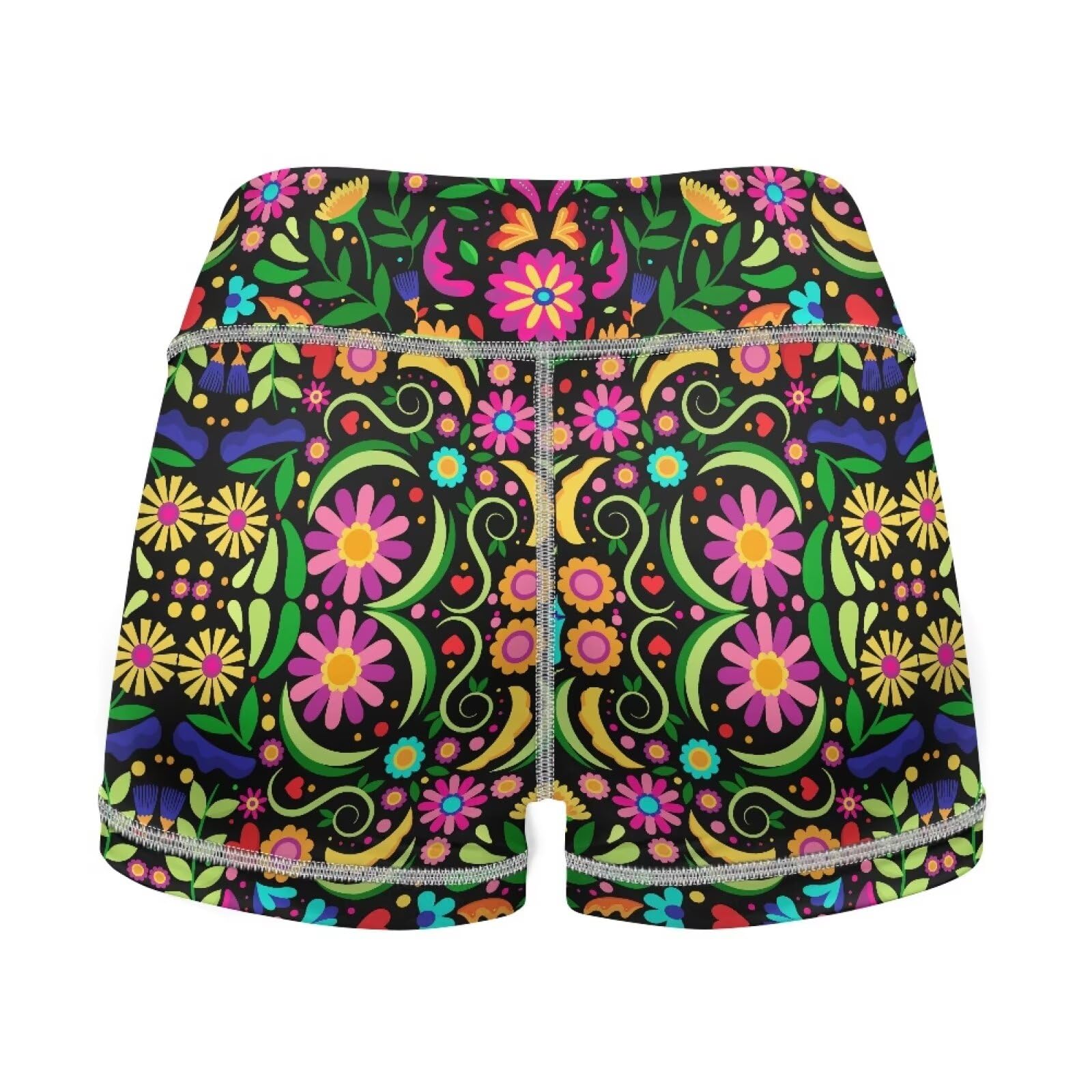 Dreaweet Hippie Flower Biker Shorts High Waisted Yoga Shorts with Pockets for Women 10 inch Running Volleyball Workout Gym Shorts for Summer,Size XS