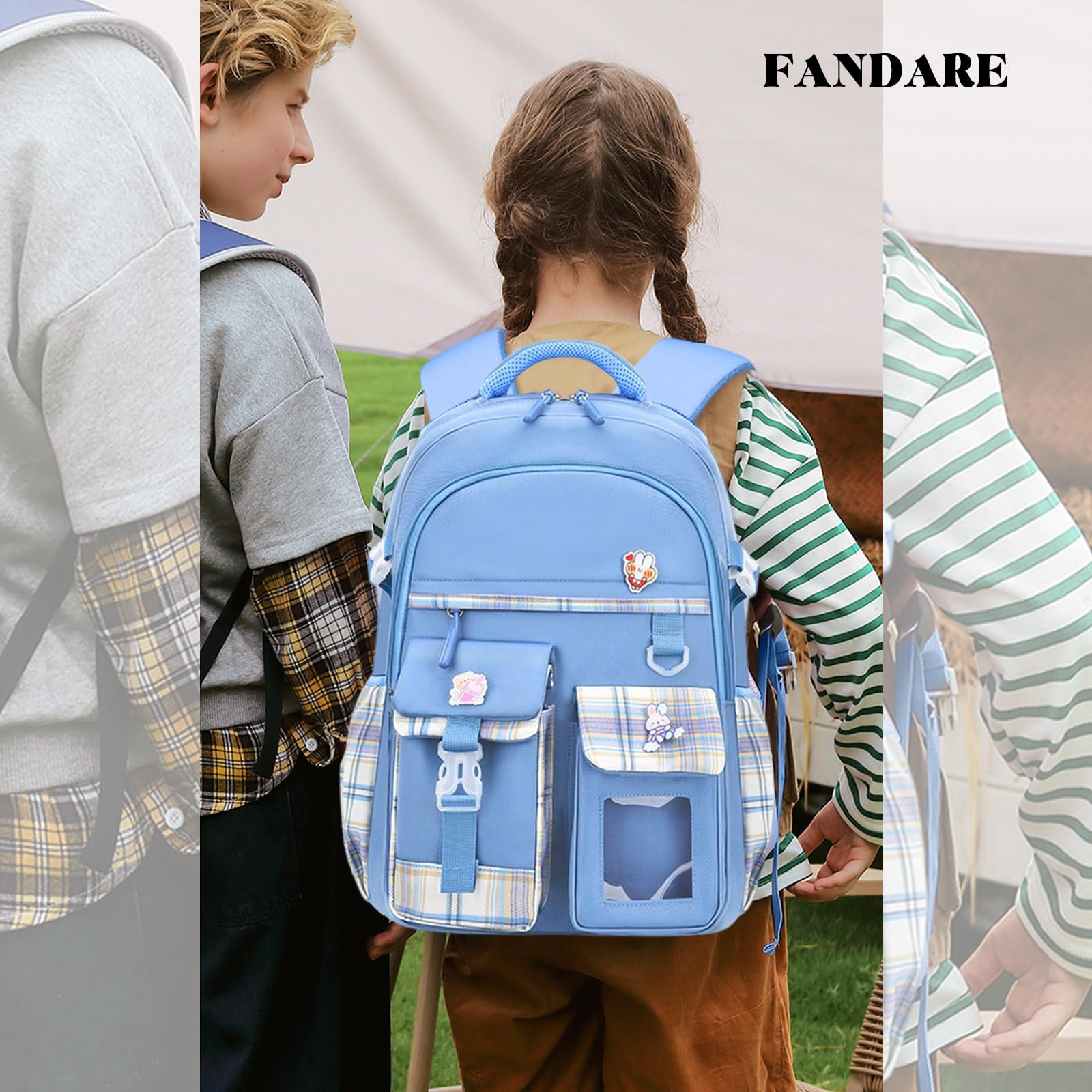 FANDARE Zaino per bambini Zainetti Cartelle Zaino Scuola Elementare Zaino Casual Ragazze Ragazzi Zainetto per Studenti Primarie Viaggiare con ciondolo in peluche & Badge carino Cielo blu