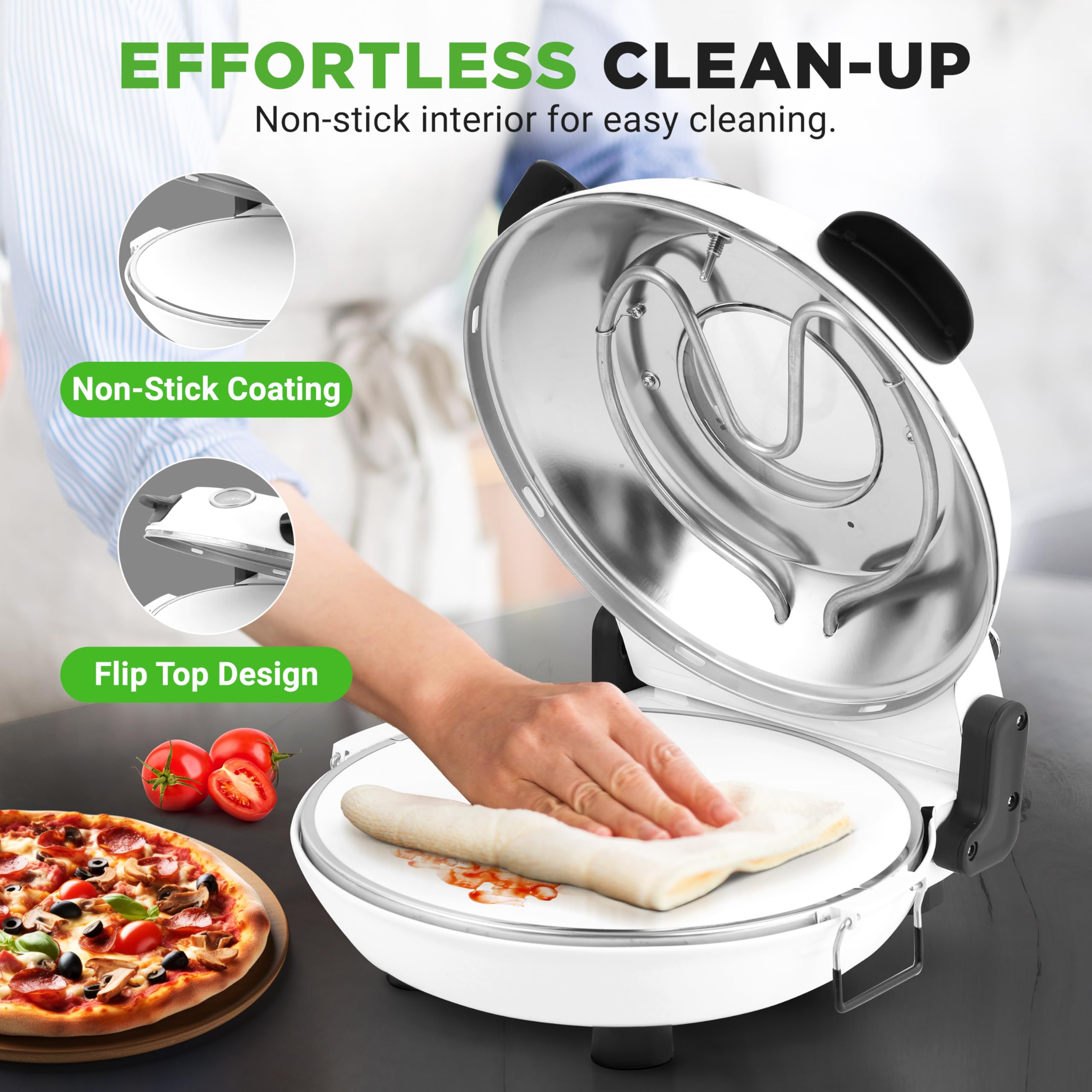 NutriChef Piekarnik elektryczny do pizzy 12” | Maker do pizzy na blat z kontrolą temperatury | Okno pieczenia | Podgrzewa do 800°F | Kamień nieprzywierający, łatwy do czyszczenia | Biały