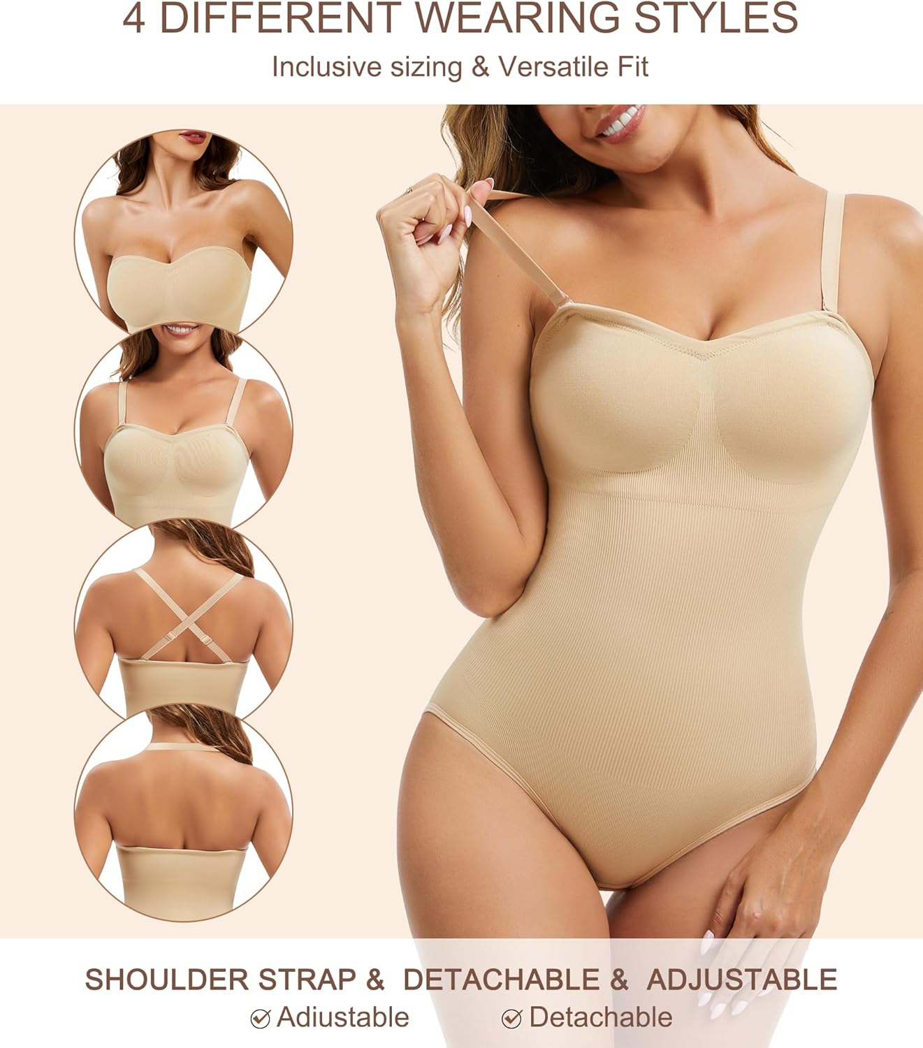 Strapless Shapewear for Women, Tummy Control Bodysuit with Removable Pads, Body Shaper Tube Top (Beige, Large) - Image 3