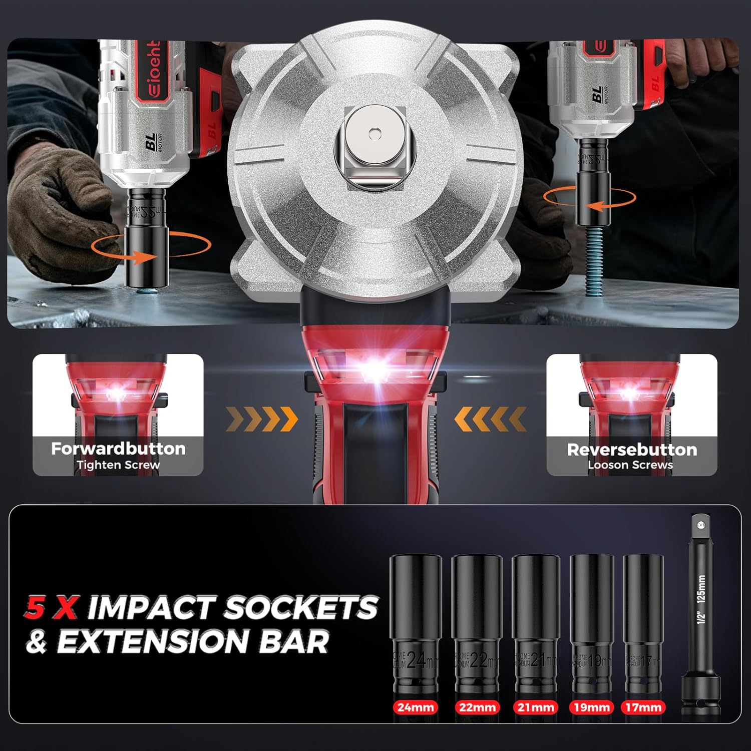 900 ft-lbs (1200 Nm) — Removes Stubborn Rusted Nuts Effortlessly | 21V MAX Cordless 1/2" Brushless Impact Wrench, 2×4.0Ah Batteries, 1.5H Fast Charger, Includes 6 Sockets, for Car/Truck/RV