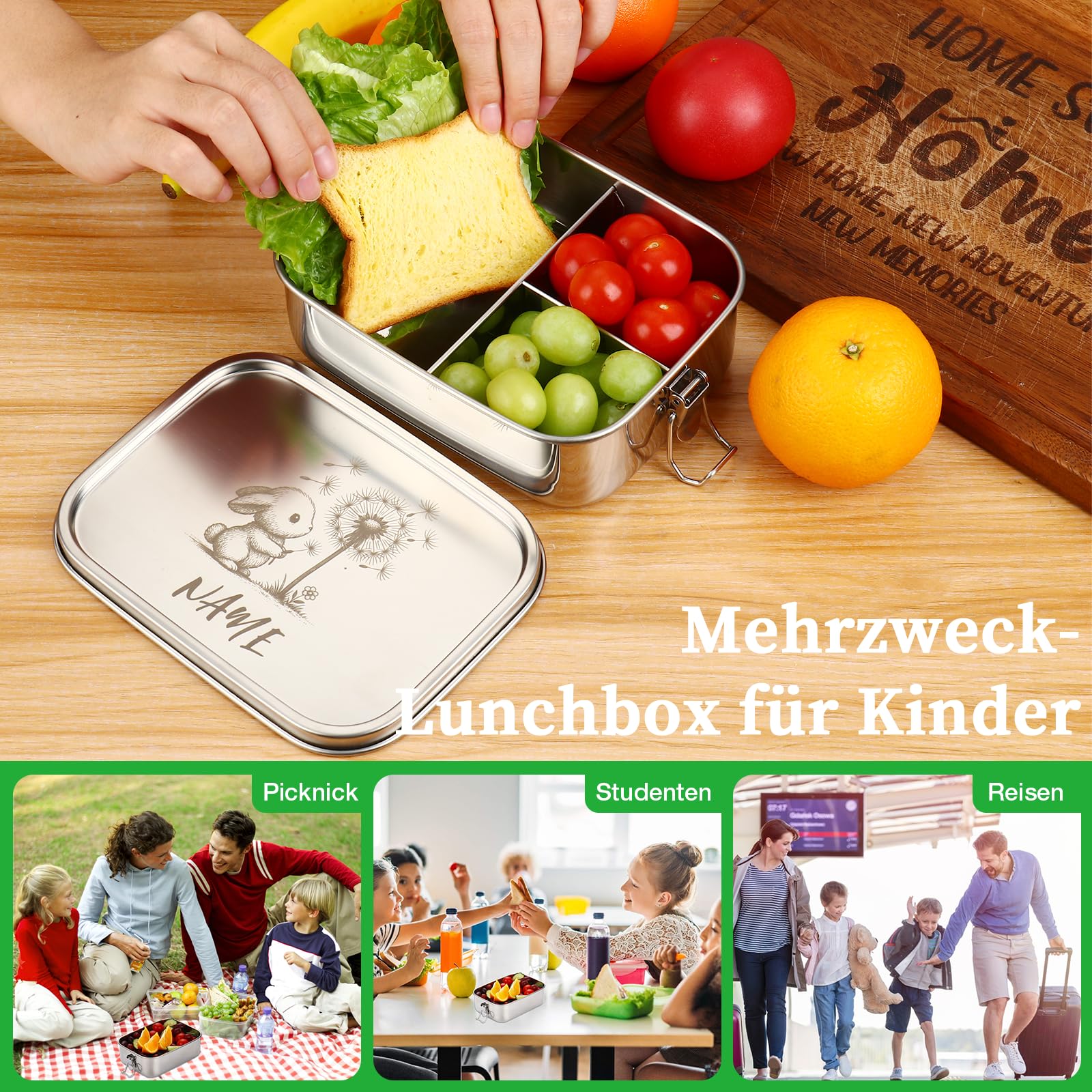OXYEFEI Brotdose Kinder mit Fächern, Personalisierte Edelstahl Brotdose Kinder mit Namen Geschenk zur Einschulung für Jungen und Mädchen (Dinosaurier-1, 1000 ml)