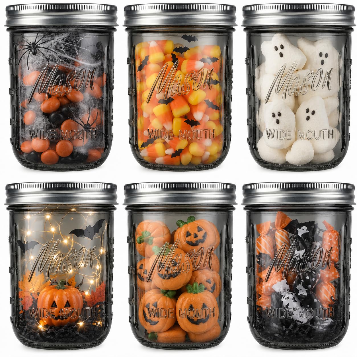 WELLIFE 6 Pack 16 oz Smoky Black Mason Jars with Lids – Wide Mouth Thick Glass Jars, Rust-Proof Airtight Lids with Silicone Seal, Stylish Storage Jars for Canni