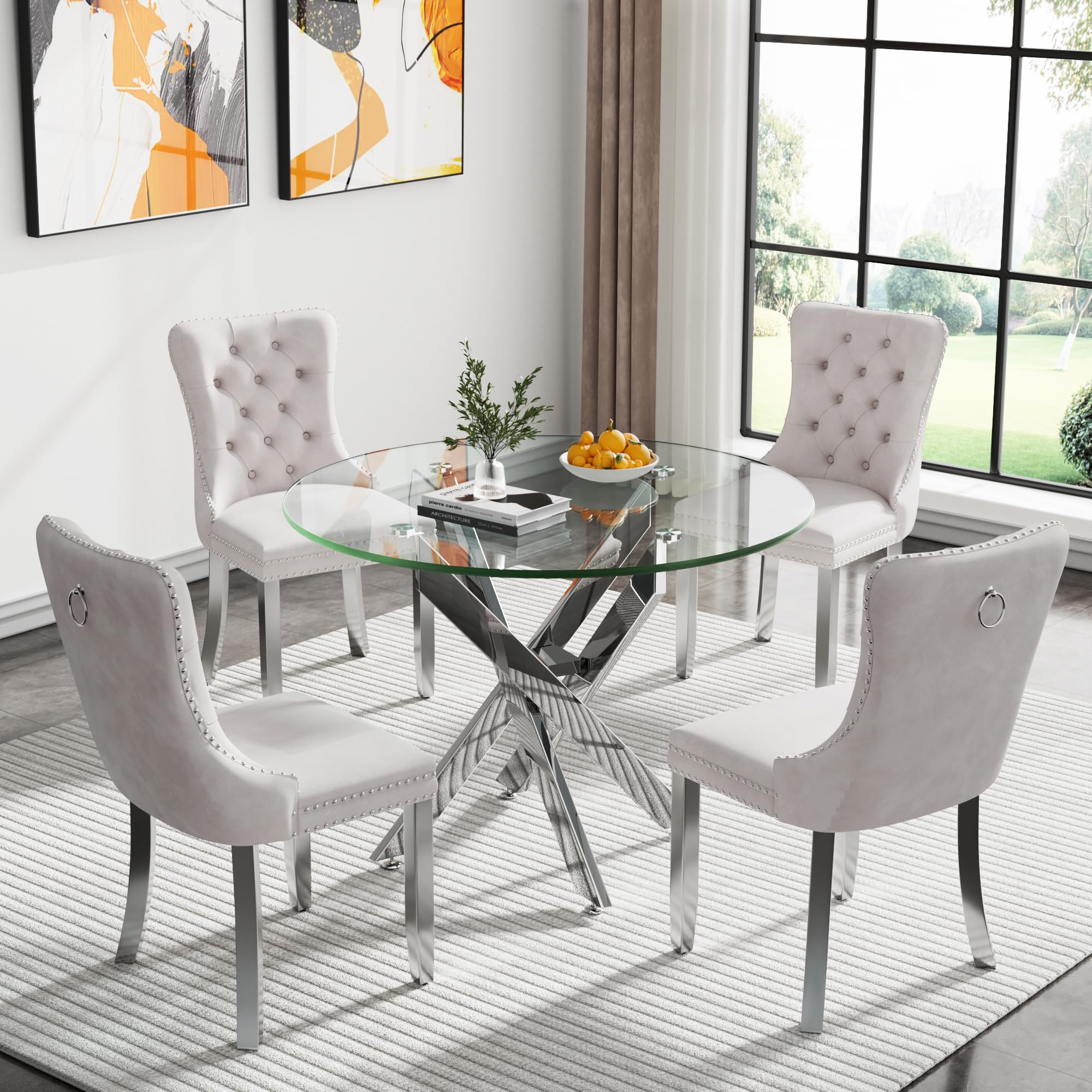 5-Piece Round Glass Dining Table Set for 4, Luxury Silver Glass Kitchen Table and Chair Set for 4, 36" Circle Dining Room Table with 4 Beige Velvet