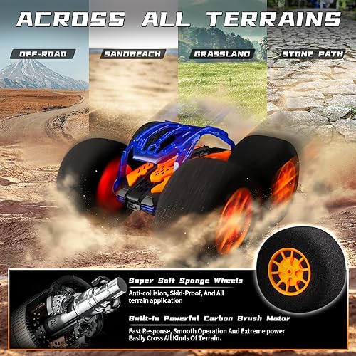 Miniatura 5 de Auto RC para interiores con control remoto de juguete con ruedas suaves, autos RC para niños y exteriores con faros LED y trucos locos giros de 360