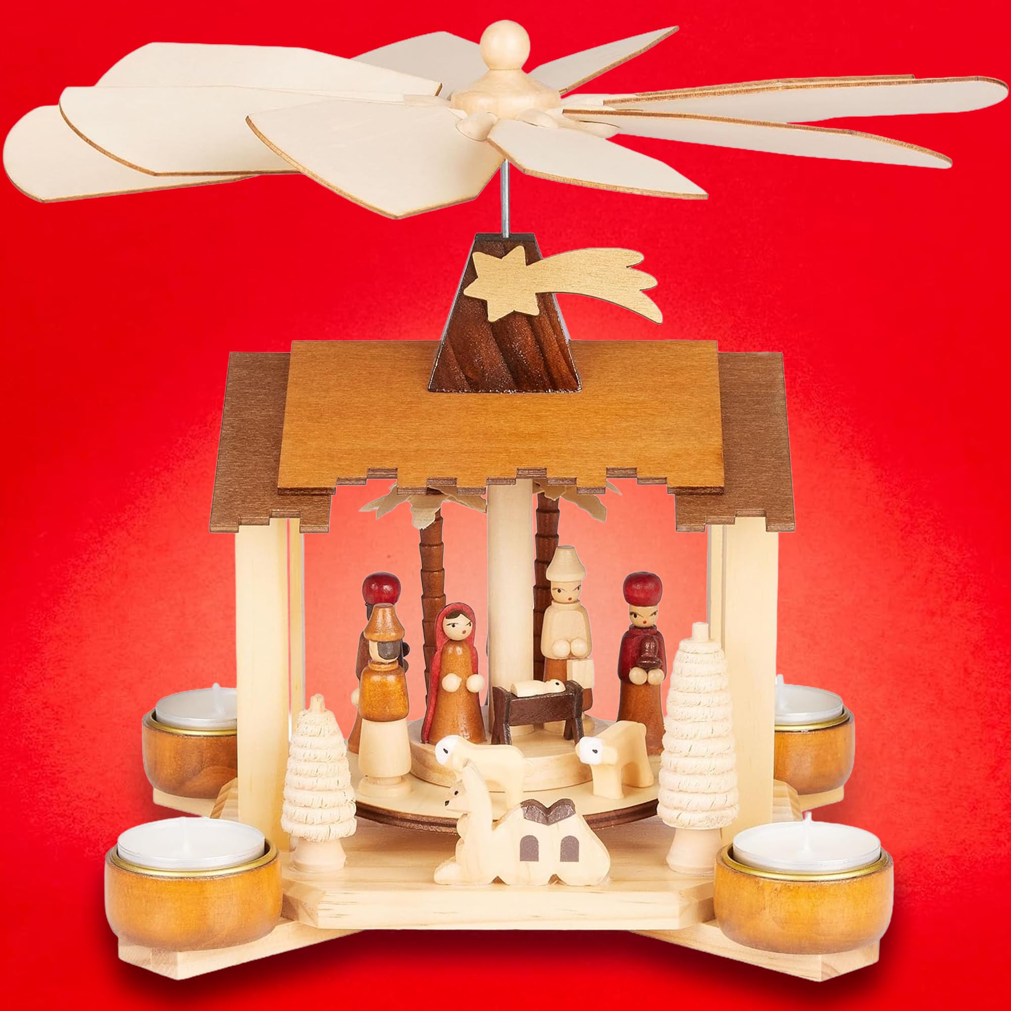 BRUBAKER Wooden Christmas Pyramid - Nativity Scene with Jesus, Mary, Joseph and Star of Bethlehem - 11 inches (28 cm) Wooden Tealight Table Pyramid for 4 Tealights - Hand-Painted
