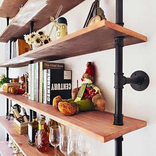 Miniatura 57 de Estantería industrial de 5 niveles, estantería rústica de tubería de metal de madera montada en la pared para sala de estar (marrón envejecido, 10