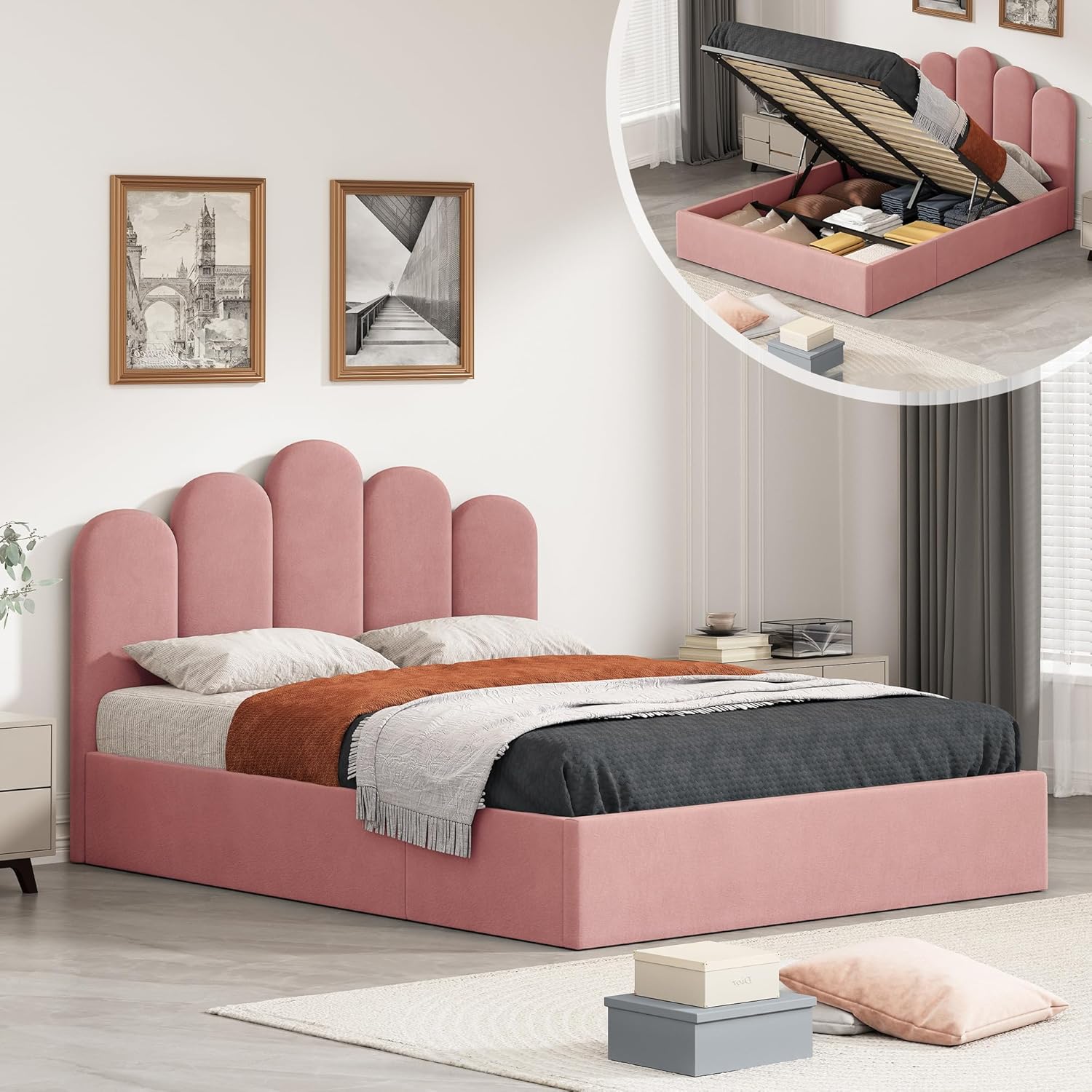 Full Size Lift Up Storage Bed Frame with Modern Headboard for Girls, Velvet Fabric Upholstered Platform Bed with Hydraulic, Wooden Slat Support, No Box Spring Needed, Easy Assembly, Pink
