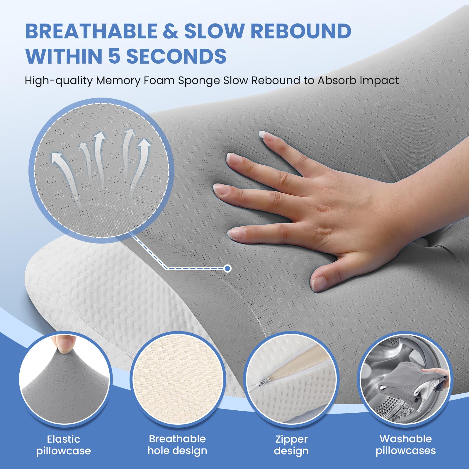 A-Pce Cuscino Cervicale per Dormire Memory Foam Ergonomico, Grigio | Memory Foam, Fodera Rimovibile in Seta Ghiaccio, Effetto Rinfrescante, Traspirante, 2 Altezze, Per Dolori a Collo e Spalle