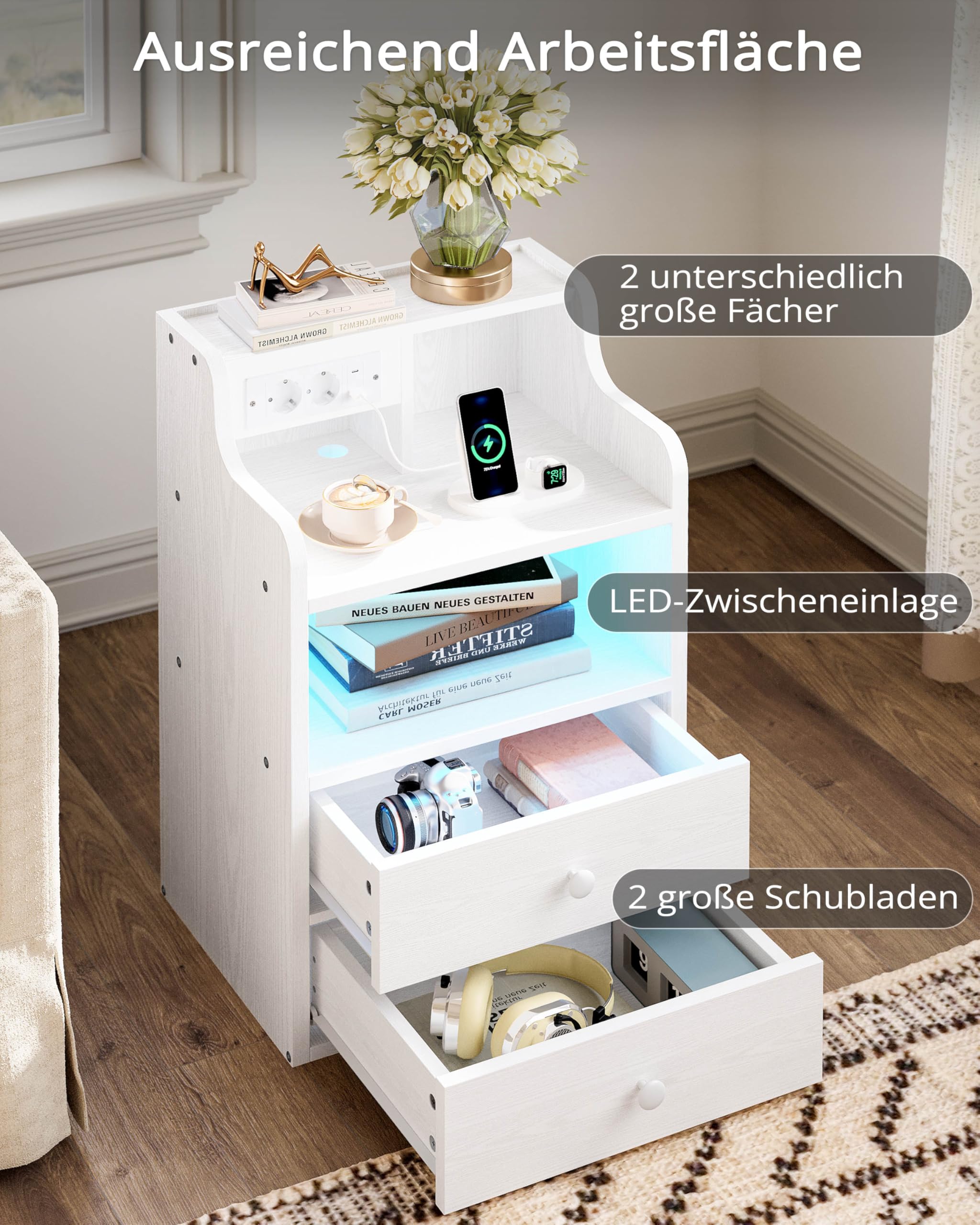 IRONCK Nachttisch LED mit Steckdose und Ladefunktion, Beistelltisch Holz, Nachtschrank mit 2 AC, 1 USB& 1 Type-C Anschlüsse, Sofatisch mit 2 Schubladen, Nachtkästchen Wohnzimmer,Schlafzimmer, Weiß