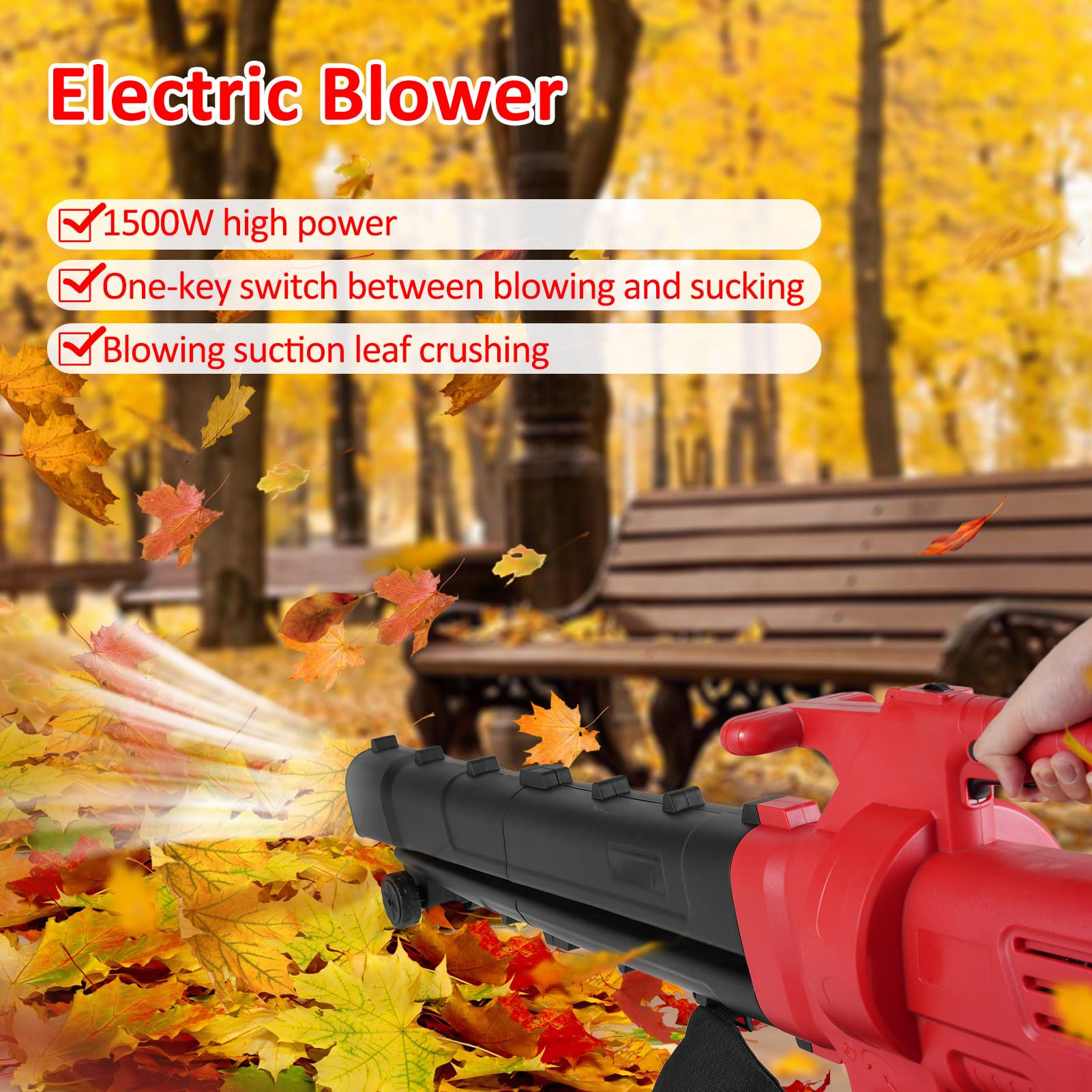 Jemora Soplador de hojas 2 en 1, máquina de soplado y succión de hojas, soplador/aspiradora de jardín de mano de 1500 W con rueda de bolsa recolectora para soplar hojas, nieve, cuidado del césped