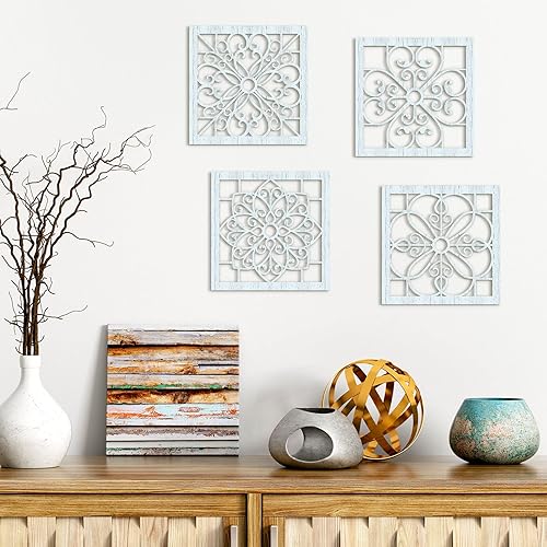 Miniatura 10 de 4 piezas de decoración de pared rústica gruesa moderna de granja, decoración de pared de madera hueca tallada, arte de pared rústico para sala de