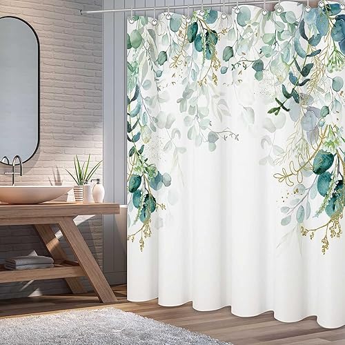 Miniatura 2 de Cortina de ducha de eucalipto verde salvia para baño con 12 ganchos, cortinas de ducha mejoradas impermeables con patrón de plantas de hojas de