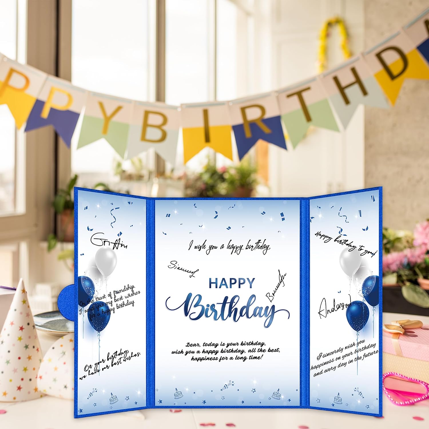 Roetyce Blue Birthday Decorations, Blue Silver Happy Birthday Guest Book | Navy Blue Birthday Jumbo Card Signature Board Gifts for Her Him, Birthday Party Supplies for Men Women