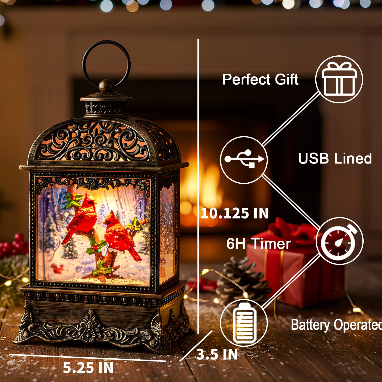 10'' Lighted Christmas Tree Cardinal Music Snow Globe Water Lantern With Swirling Glitter Decoration For Christmas Home, Living Room, Battery Operated Or USB Powered