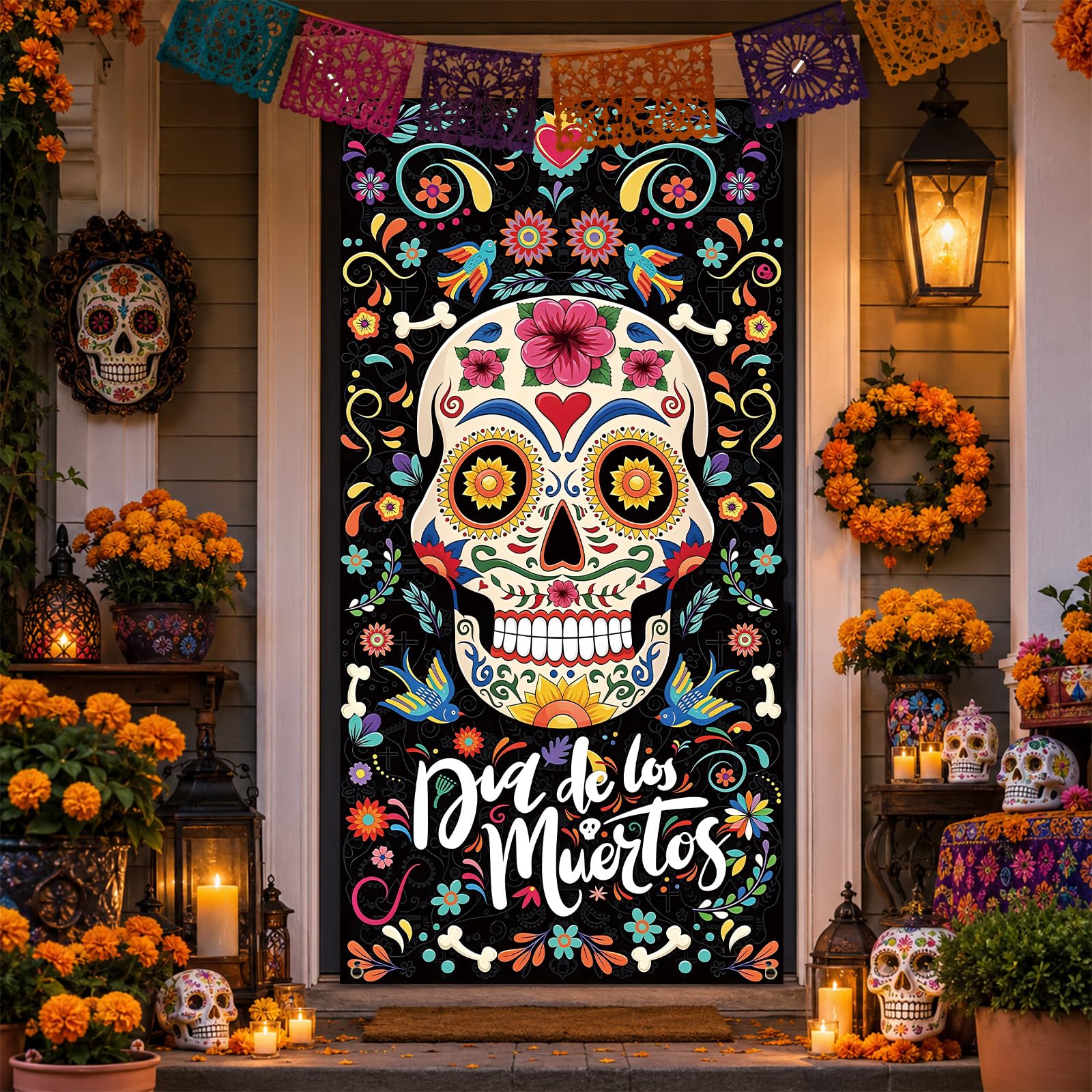 Day Of The Dead Decorations Door Cover, Sugar Skull Banner for Front Door