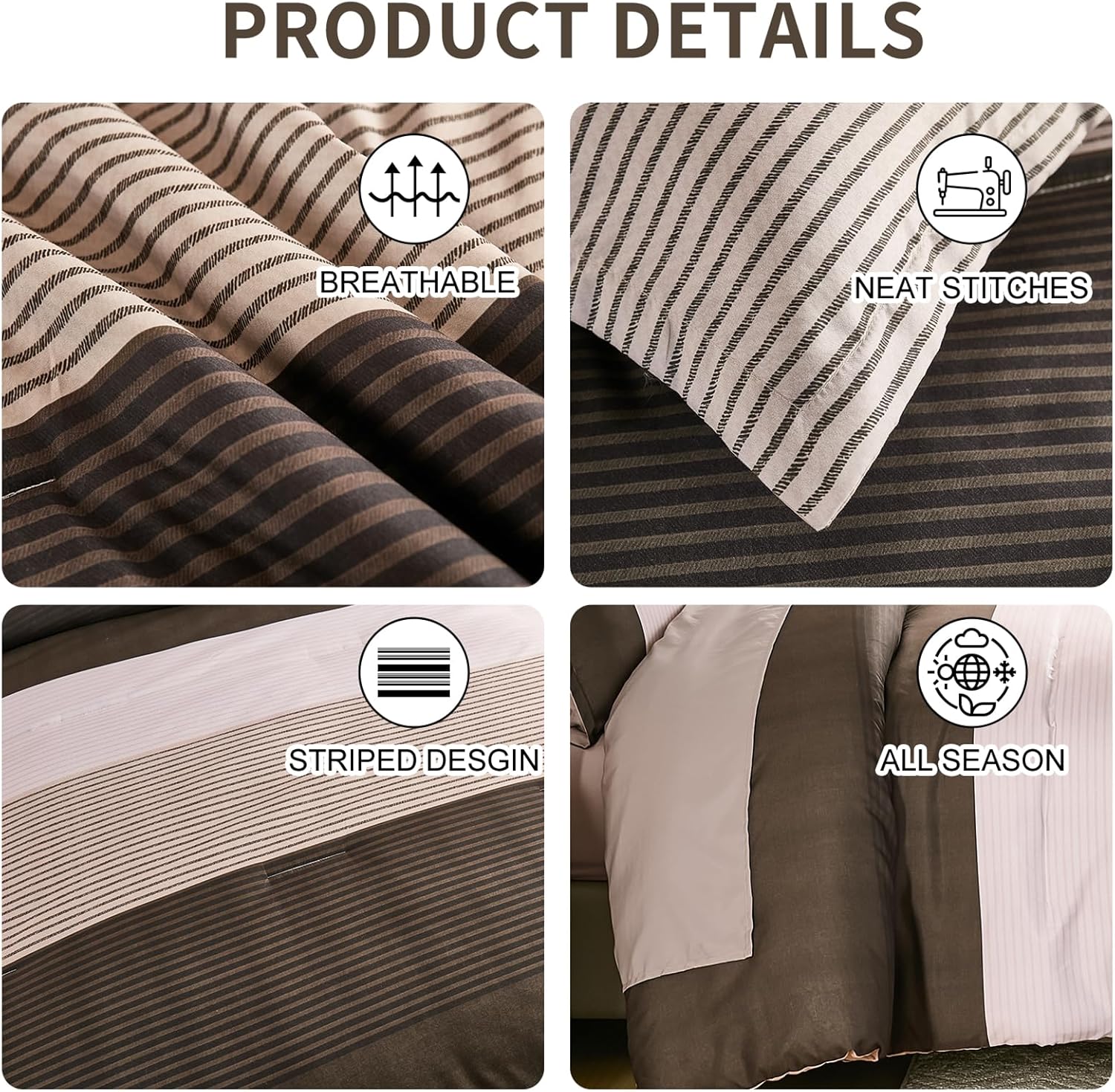 Anibedding Brown Queen Comforter Set 7 Pieces, Chocolate and White Patchwork Striped Bed in a Bag with Sheet Pillowcase for Queen Bed All Season - Image 4