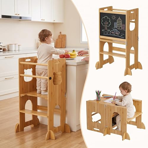 APRTAT 4-in-1 Toddler Kitchen Step Stool, Foldable Montessori Learning Tower