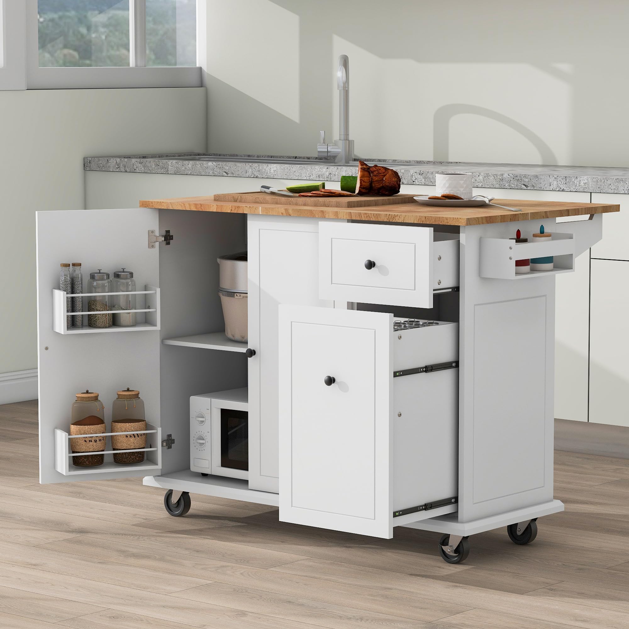 P PURLOVE Kitchen Island Cart with Wood Drop-Leaf Countertop and 3 Tier Pull Out Cabinet Organizer, Kitchen Island on 5 Wheels with Locking Wheels, Storage Cabinet, Spice Rack and Towel Rack, White