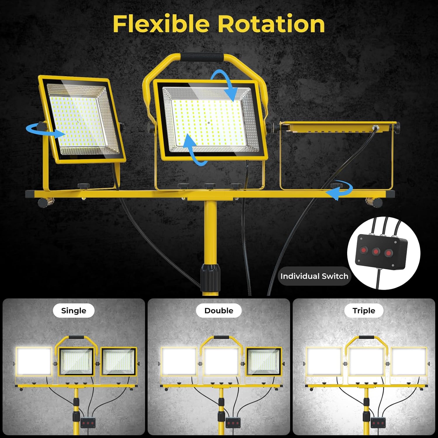 25200 Lumen Work Lights on Stand, Portable LED Work Lights with 3 Heads, 16FT Cord, Waterproof, Adjustable Tripod Stand Ideal for Indoor/Outdoor Workshops, Garages and Construction Sites
