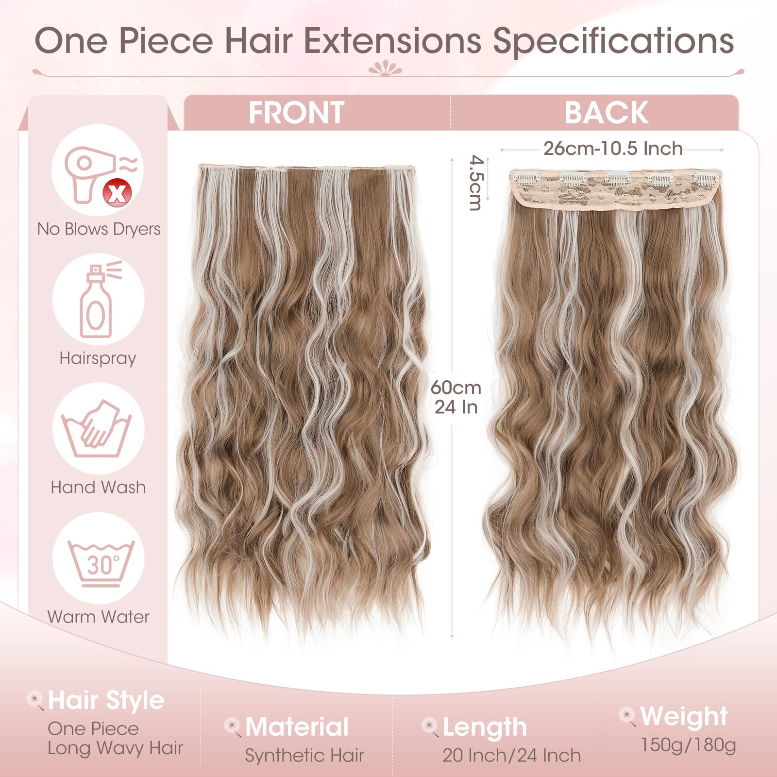 Silk-co One Piece Clip In Hair Extensions Curly 150g Hair Extensions Clip in Hairpieces 5 Clips Wavy Curly Synthetic 3/4 Half Full Head for Laides and Women 20Inch-50cm Medium Brown mix White Blonde - Image 4