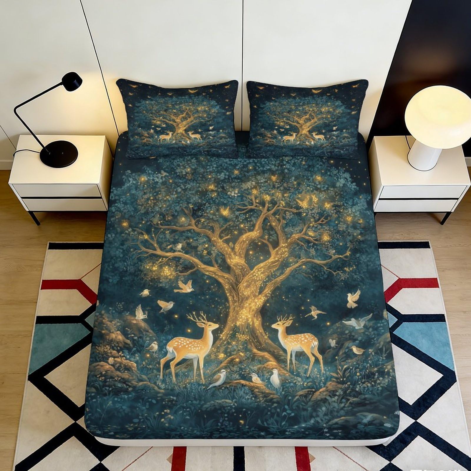 Pnayamiorkfel Style-5 3D Printed Enchanted Forest Fitted Sheet Microfiber Soft Artistic Deer Tree Bed Cover For Bedroom Dorm Decor 90X200x25cm